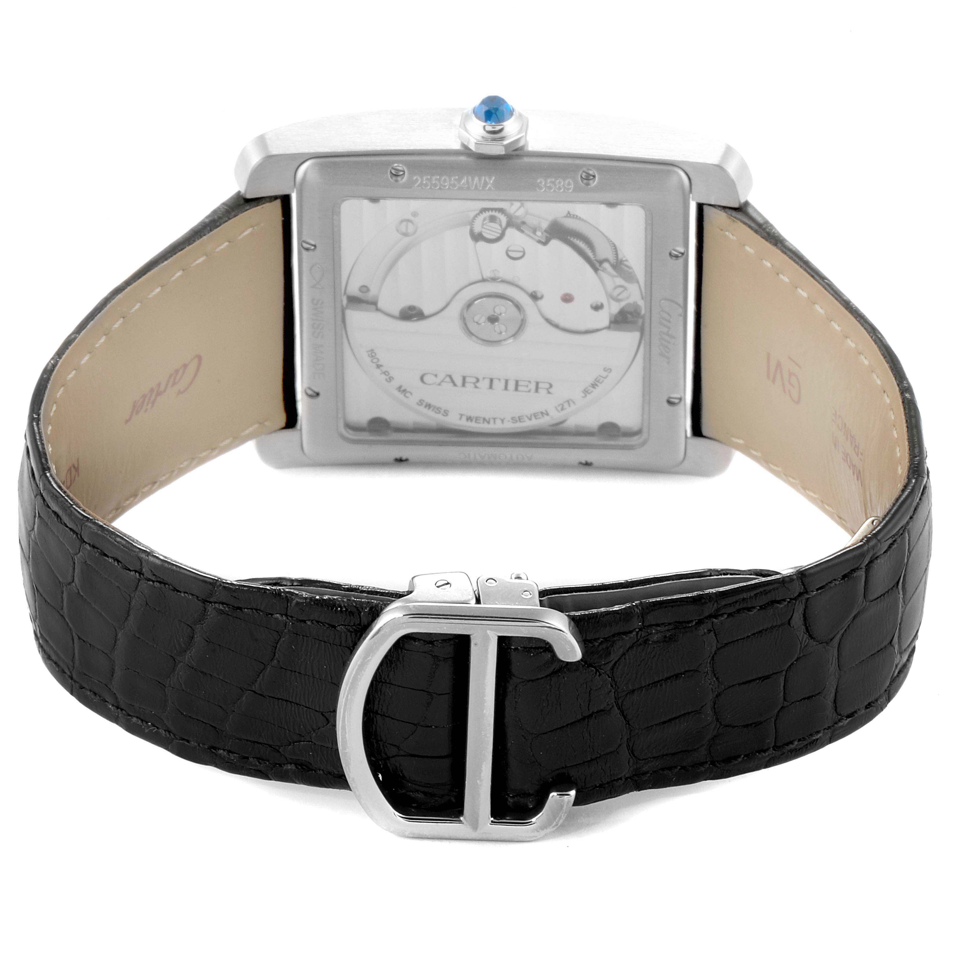 This image shows the back view of the Cartier Tank MC W5330003 Men's Stainless Steel Silver Dial W5330003 Men's Stainless Steel Silver Dial watch, highlighting its movement through the transparent case back and a portion of the black leather strap with the clasp.