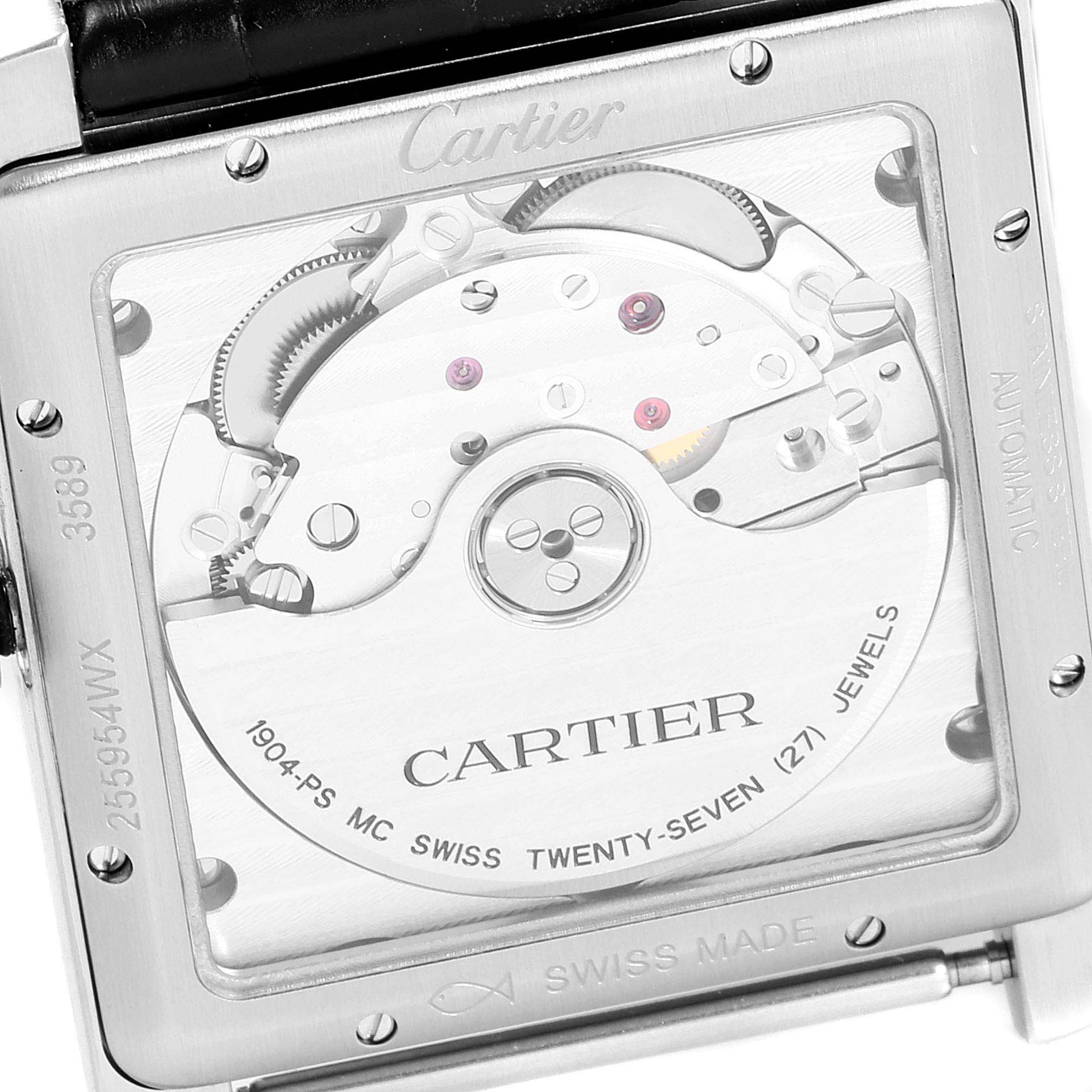 The image shows the back of the Cartier Tank MC W5330003 Men's Stainless Steel Silver Dial W5330003 Men's Stainless Steel Silver Dial watch, displaying the automatic movement and internal mechanisms.