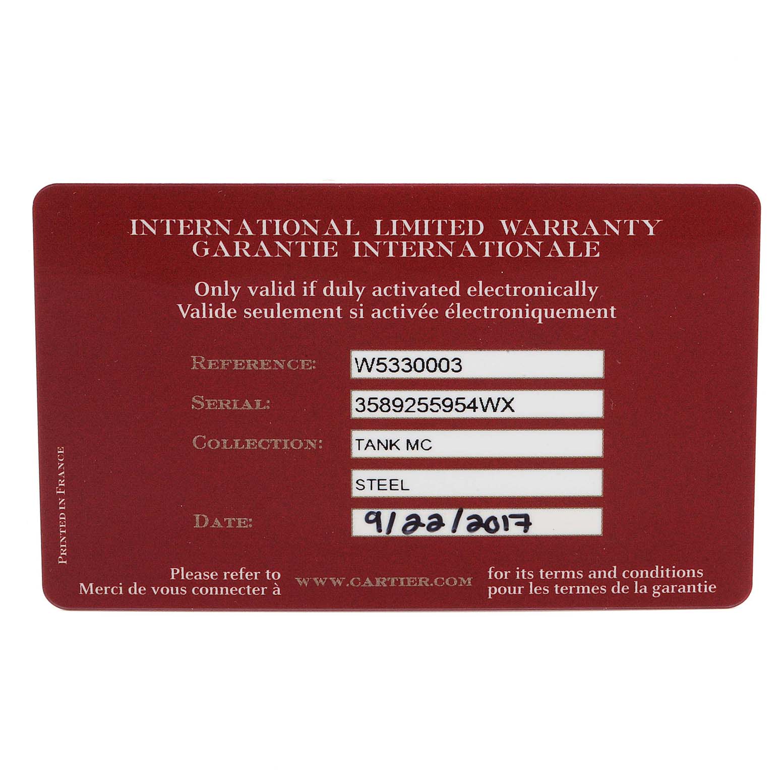 The image shows an international limited warranty card for the Cartier Tank MC W5330003 Men's Stainless Steel Silver Dial W5330003 Men's Stainless Steel Silver Dial model watch.