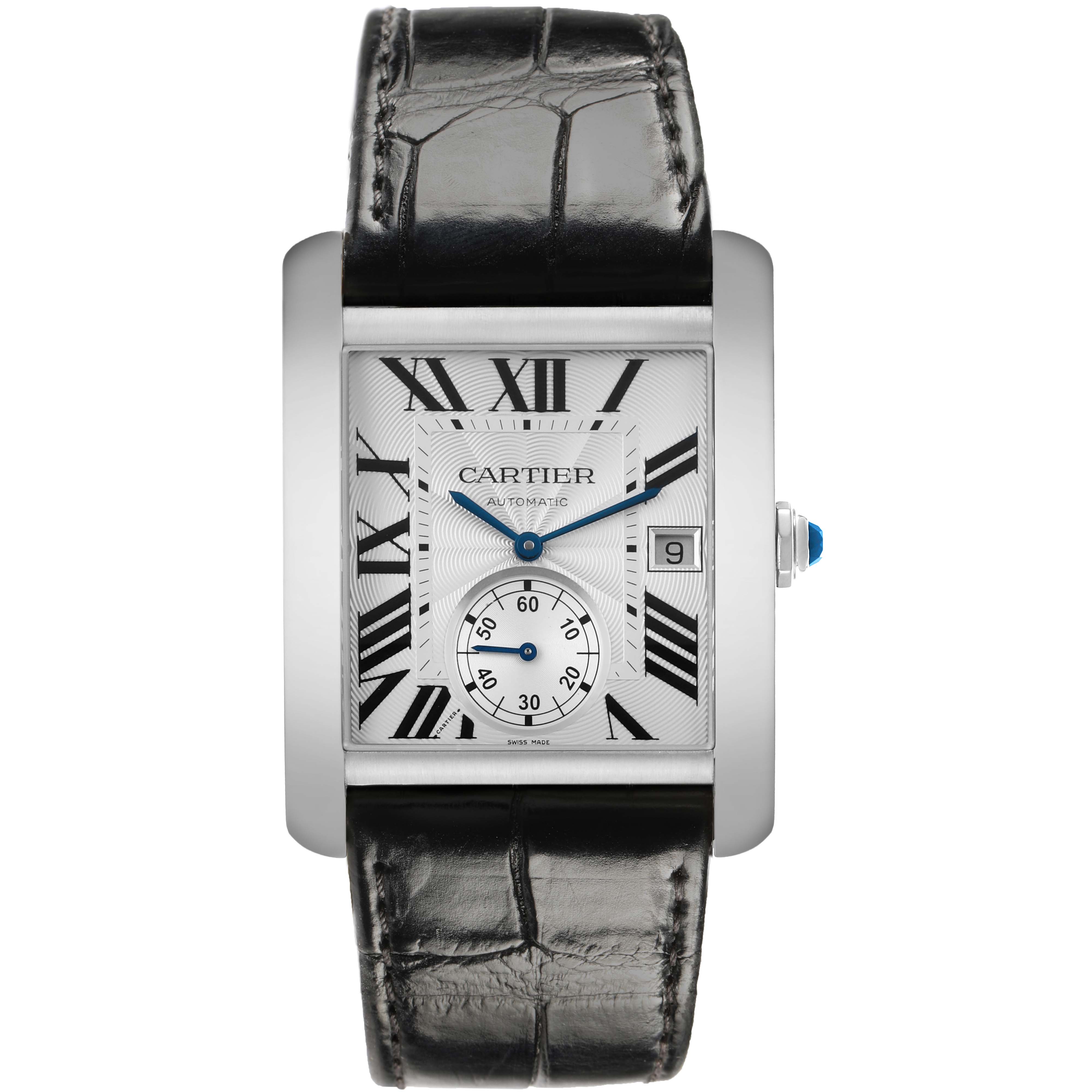 The Cartier Tank MC W5330003 Men's Stainless Steel Silver Dial watch is shown from the front, displaying the dial, Roman numerals, date window, and alligator leather strap.