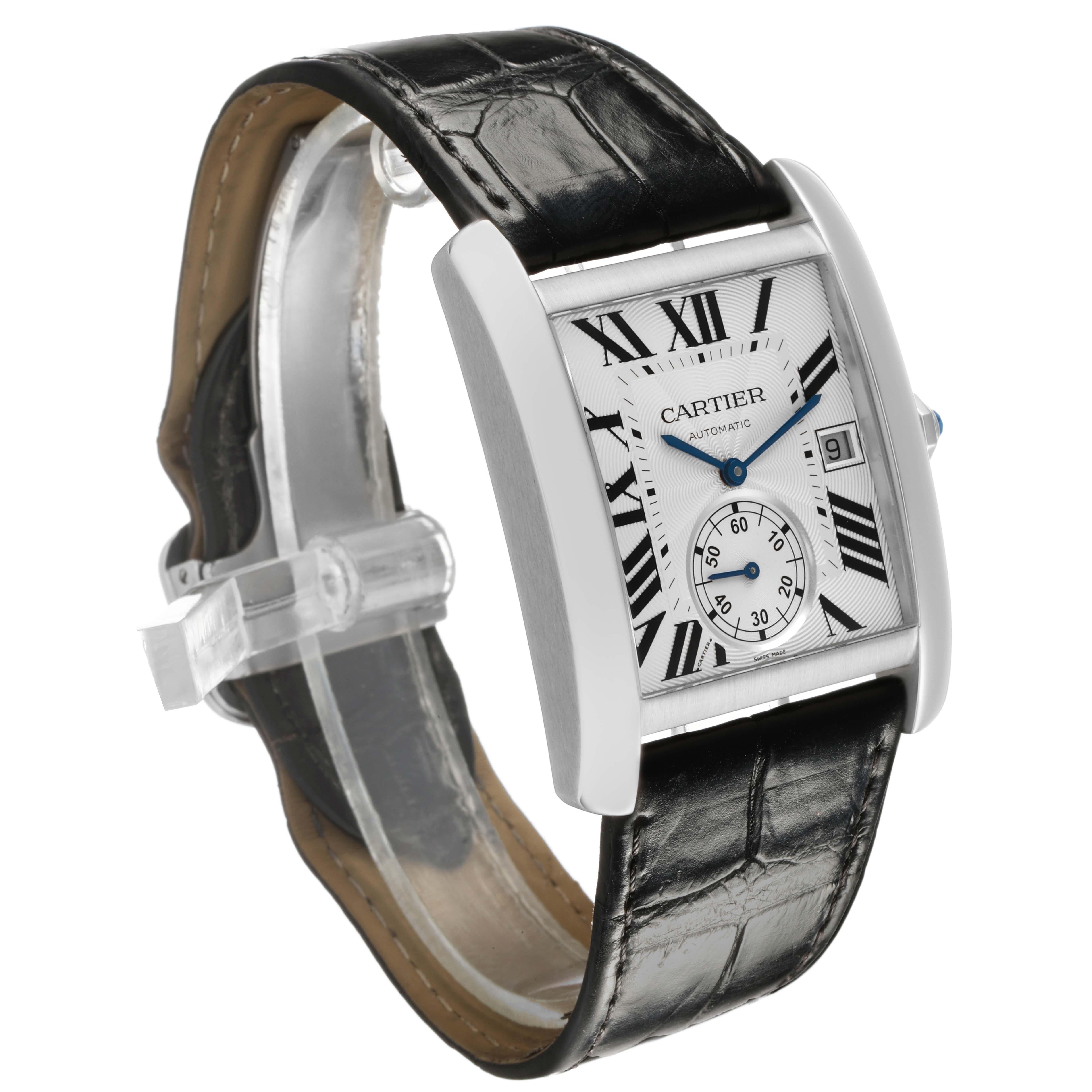 The Cartier Tank MC W5330003 Men's Stainless Steel Silver Dial watch is shown at a three-quarter angle, highlighting the face, case, and black leather strap.