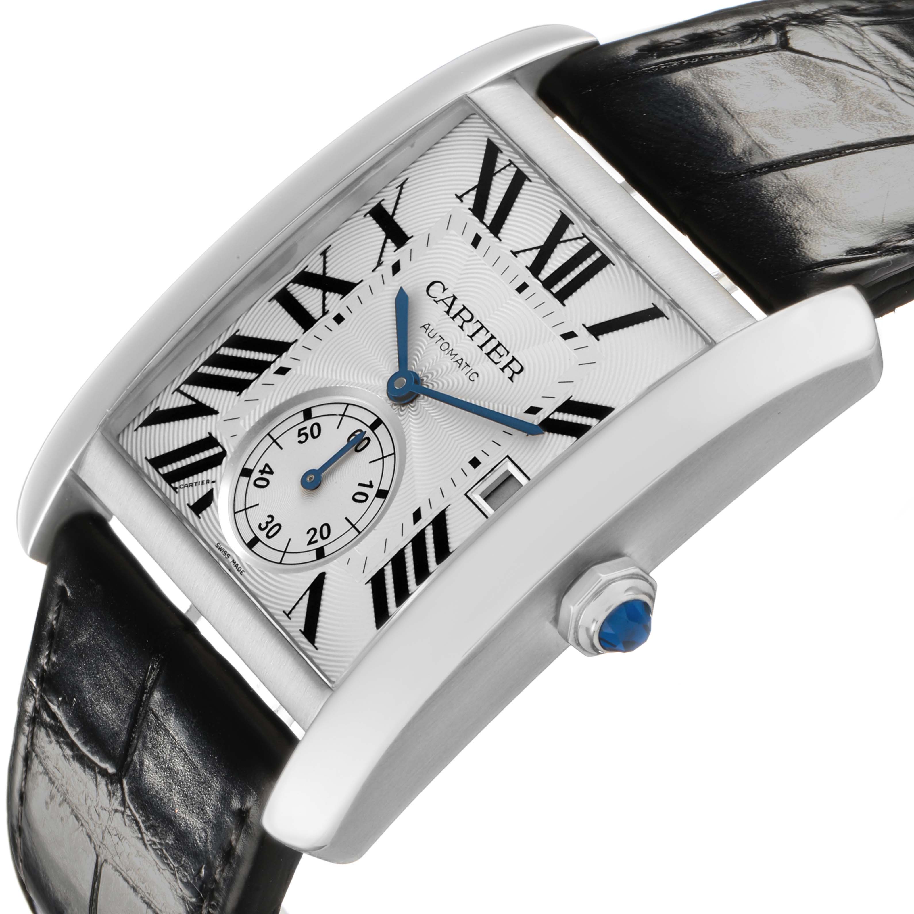 The Cartier Tank MC W5330003 Men's Stainless Steel Silver Dial watch is shown at a slight angle, displaying the face, crown, case, and part of the leather strap.
