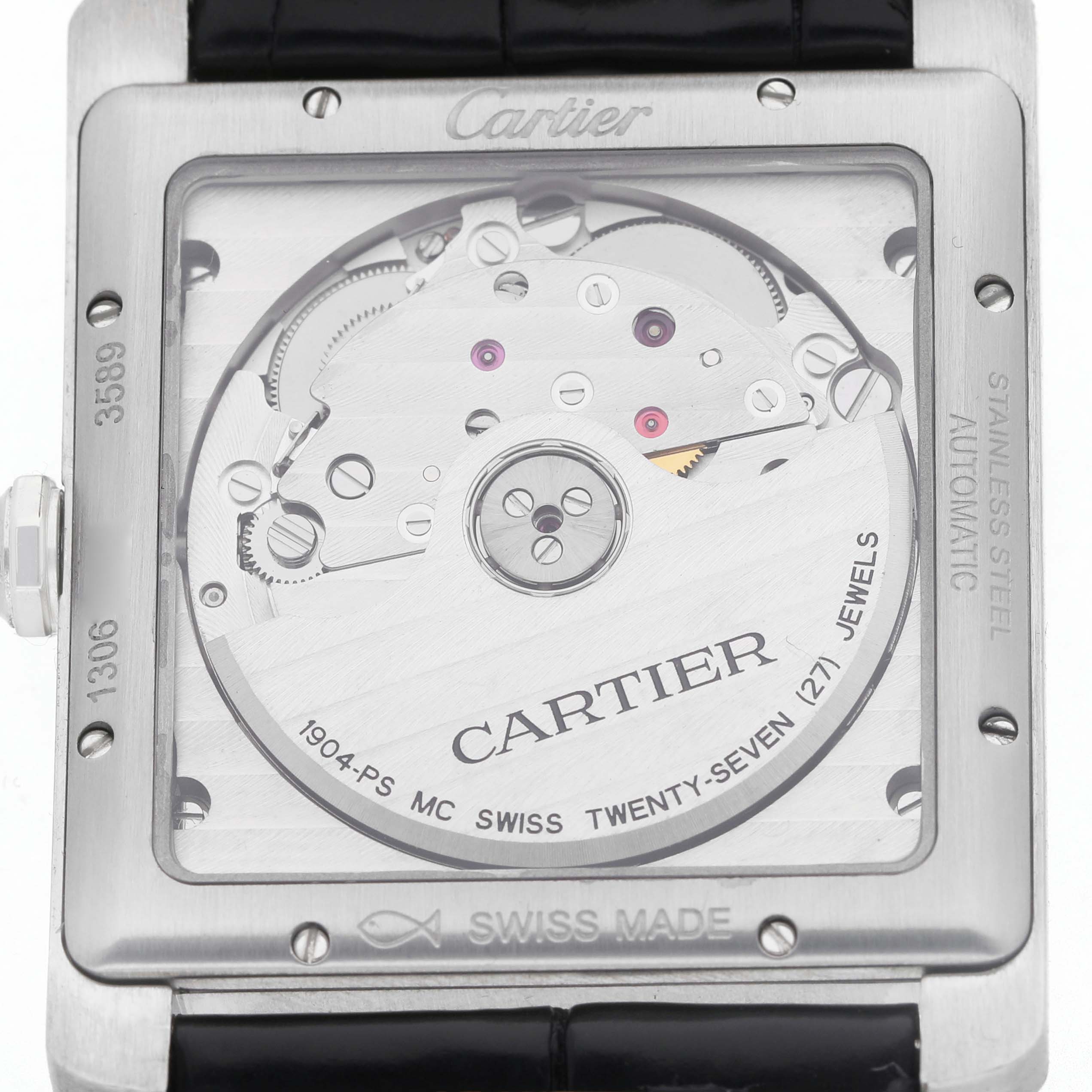 The image shows the back of a Cartier Tank MC W5330003 Men's Stainless Steel Silver Dial watch, displaying its automatic movement and internal mechanics.