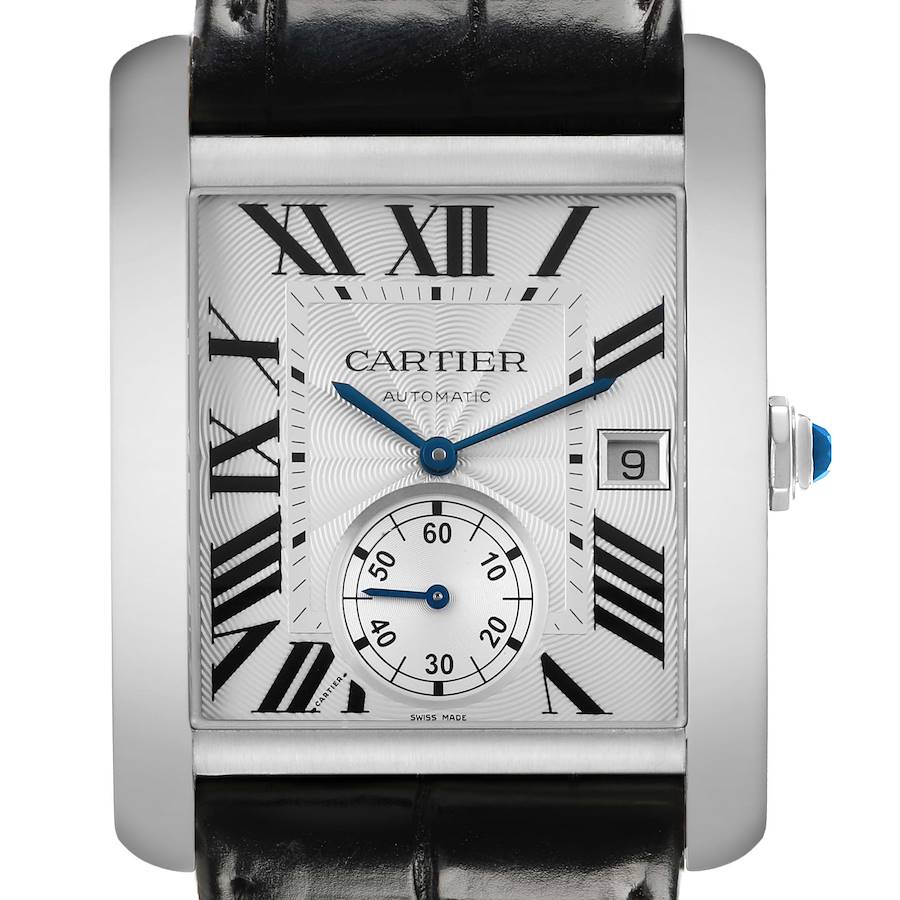 The Cartier Tank MC W5330003 Men's Stainless Steel Silver Dial watch is shown from a front angle, highlighting its rectangular dial, Roman numerals, and blue hands.