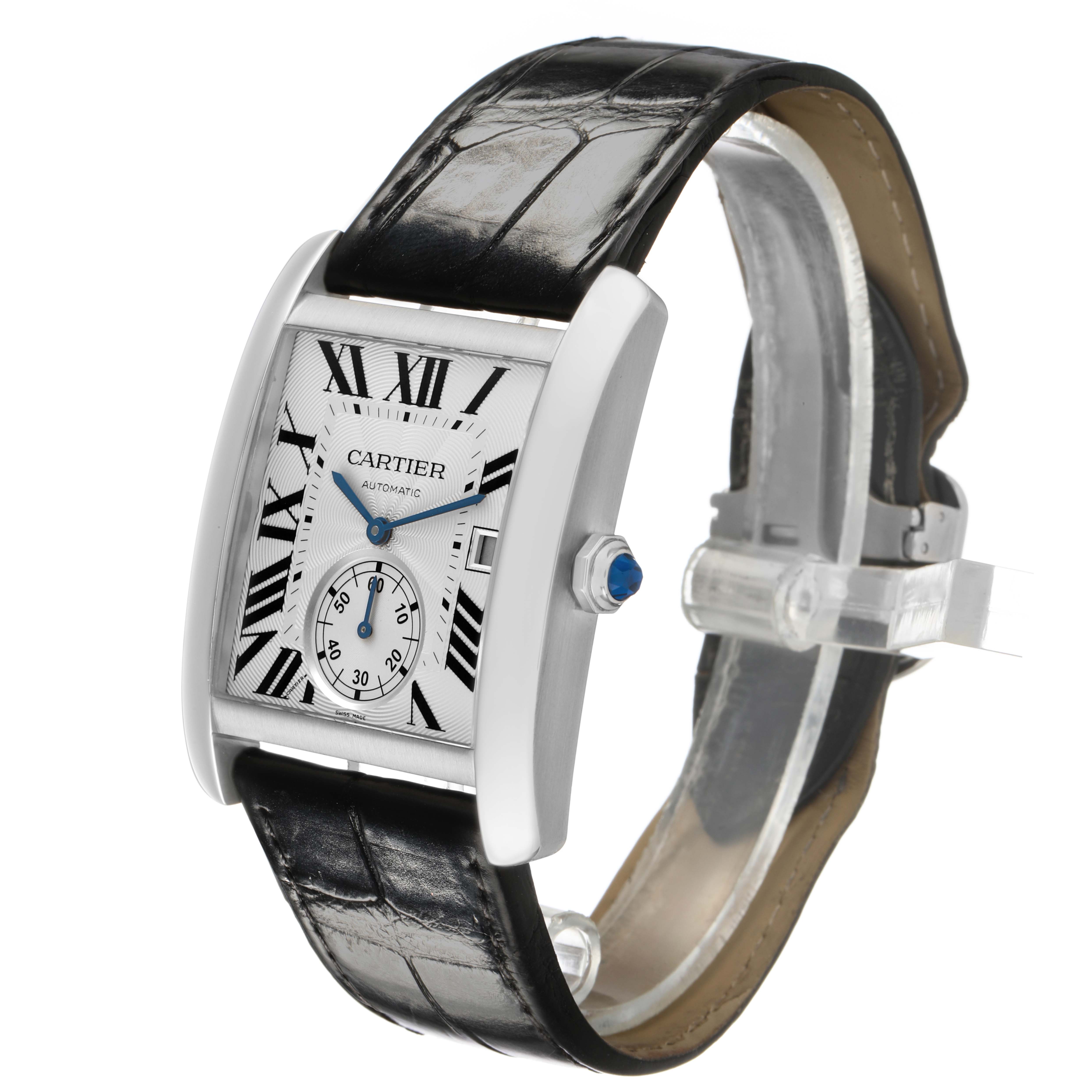 The Cartier Tank MC W5330003 Men's Stainless Steel Silver Dial watch is shown at a three-quarter angle, highlighting the face, crown, and black leather strap.
