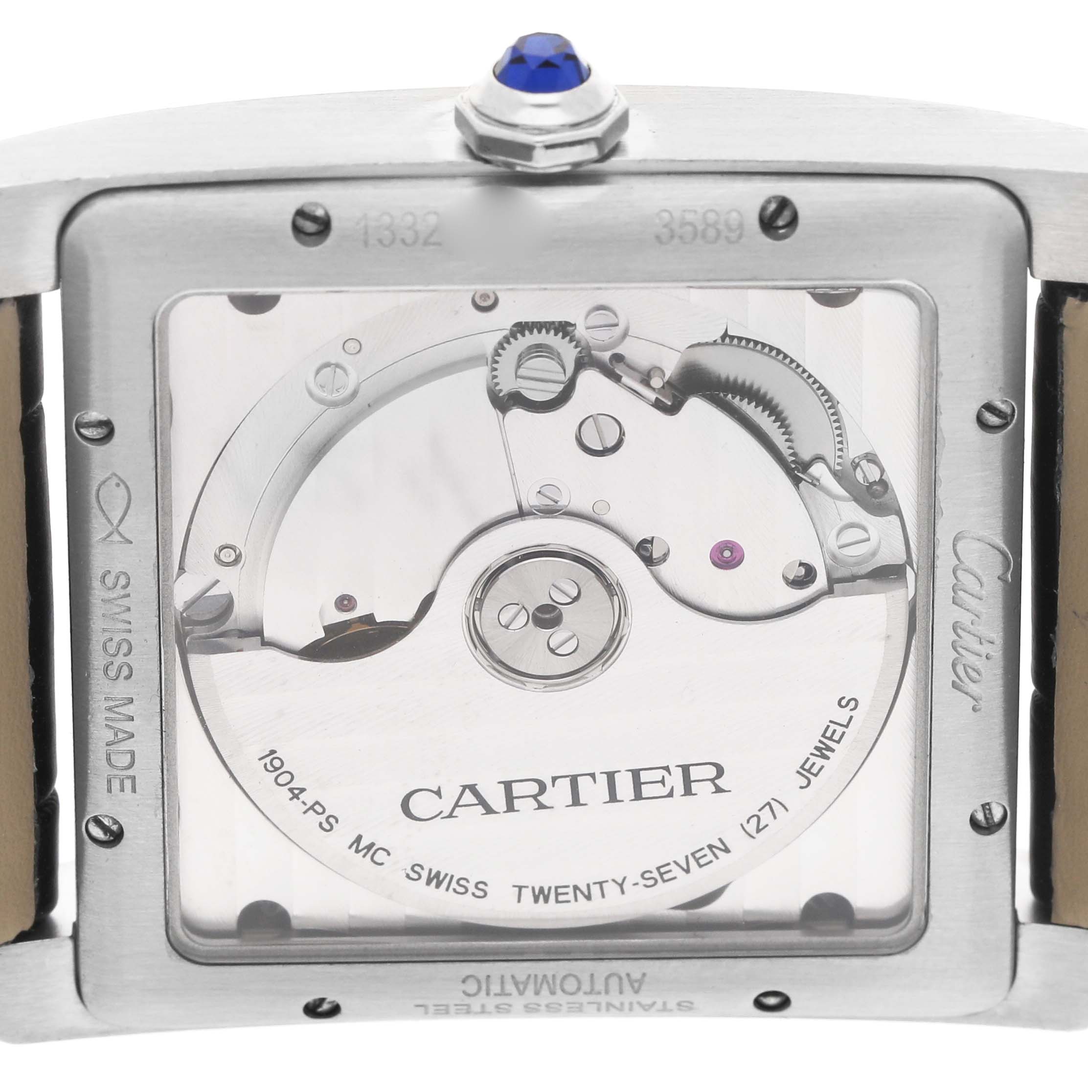 The image shows the back of a Cartier Tank MC W5330003 Men's Stainless Steel Silver Dial watch, highlighting its mechanical movement and case details.