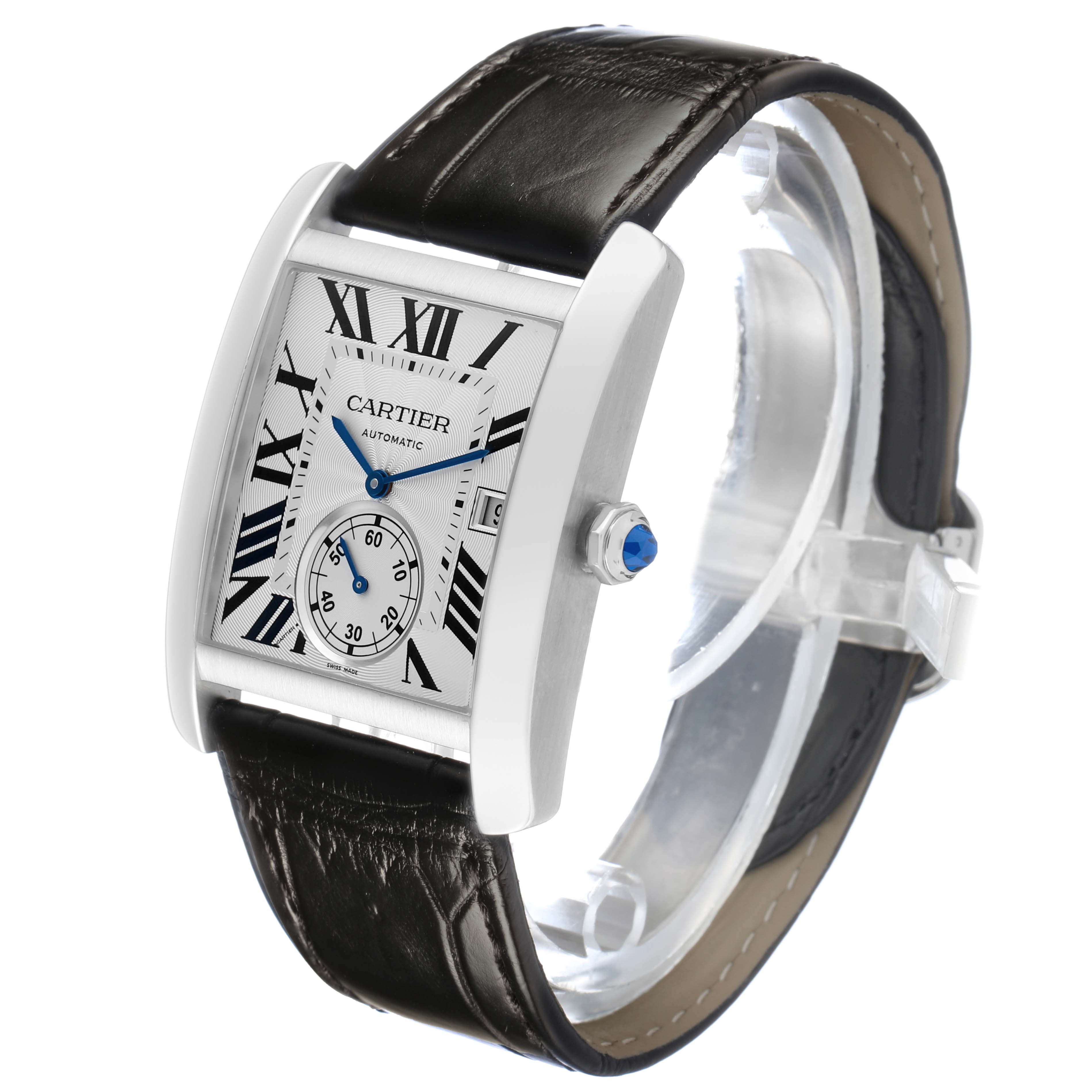 This Cartier Tank MC W5330003 Men's Stainless Steel Silver Dial watch is shown at a three-quarter angle, highlighting its face, crown, and leather strap.