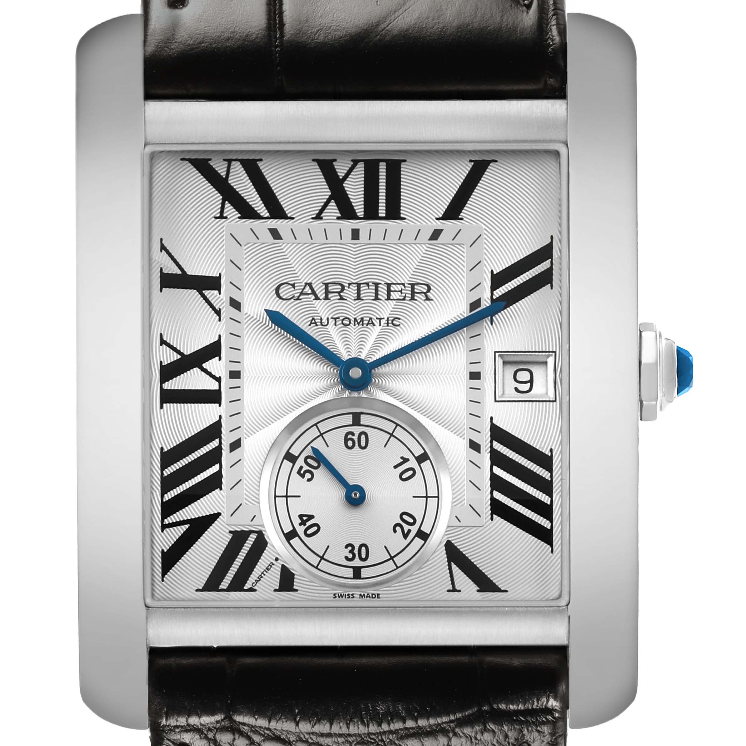 The Cartier Tank MC W5330003 Men's Stainless Steel Silver Dial watch is shown from the front, highlighting its face with Roman numerals, blue hands, and date display.