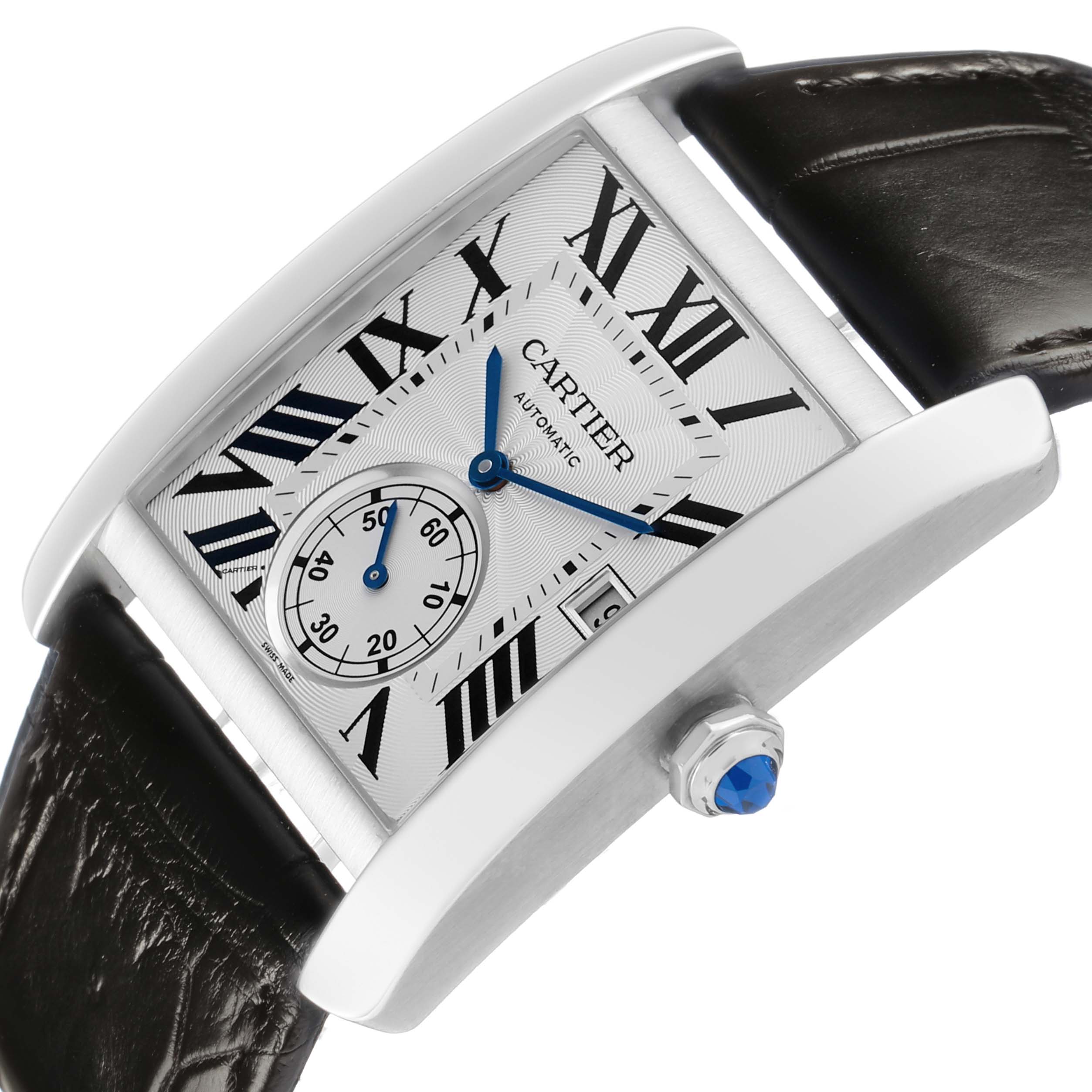 The Cartier Tank MC W5330003 Men's Stainless Steel Silver Dial watch is shown at an angled side view, displaying the face, crown, and leather strap.