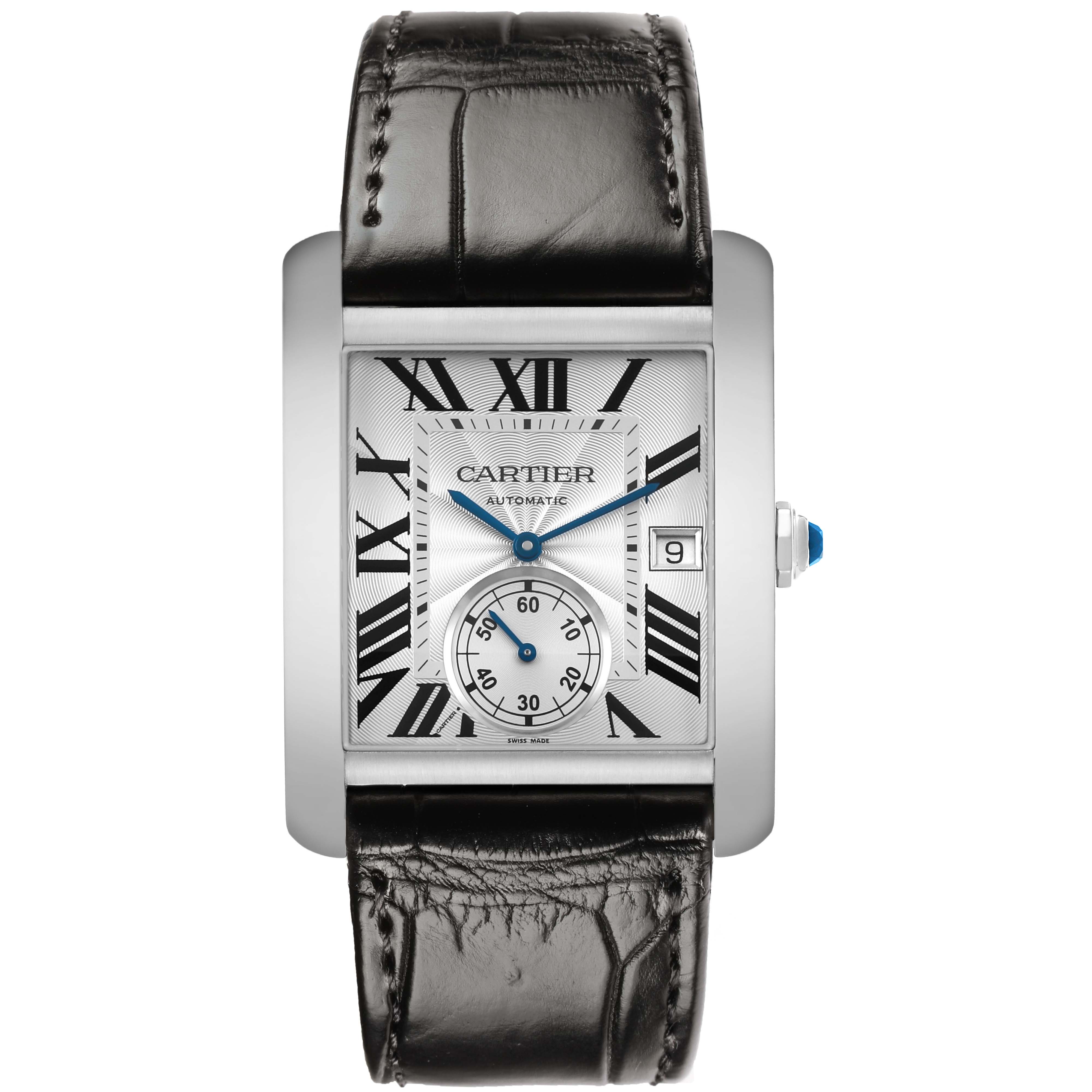 The image shows a front view of the Cartier Tank MC W5330003 Men's Stainless Steel Silver Dial watch, highlighting the dial, hands, leather strap, and crown.