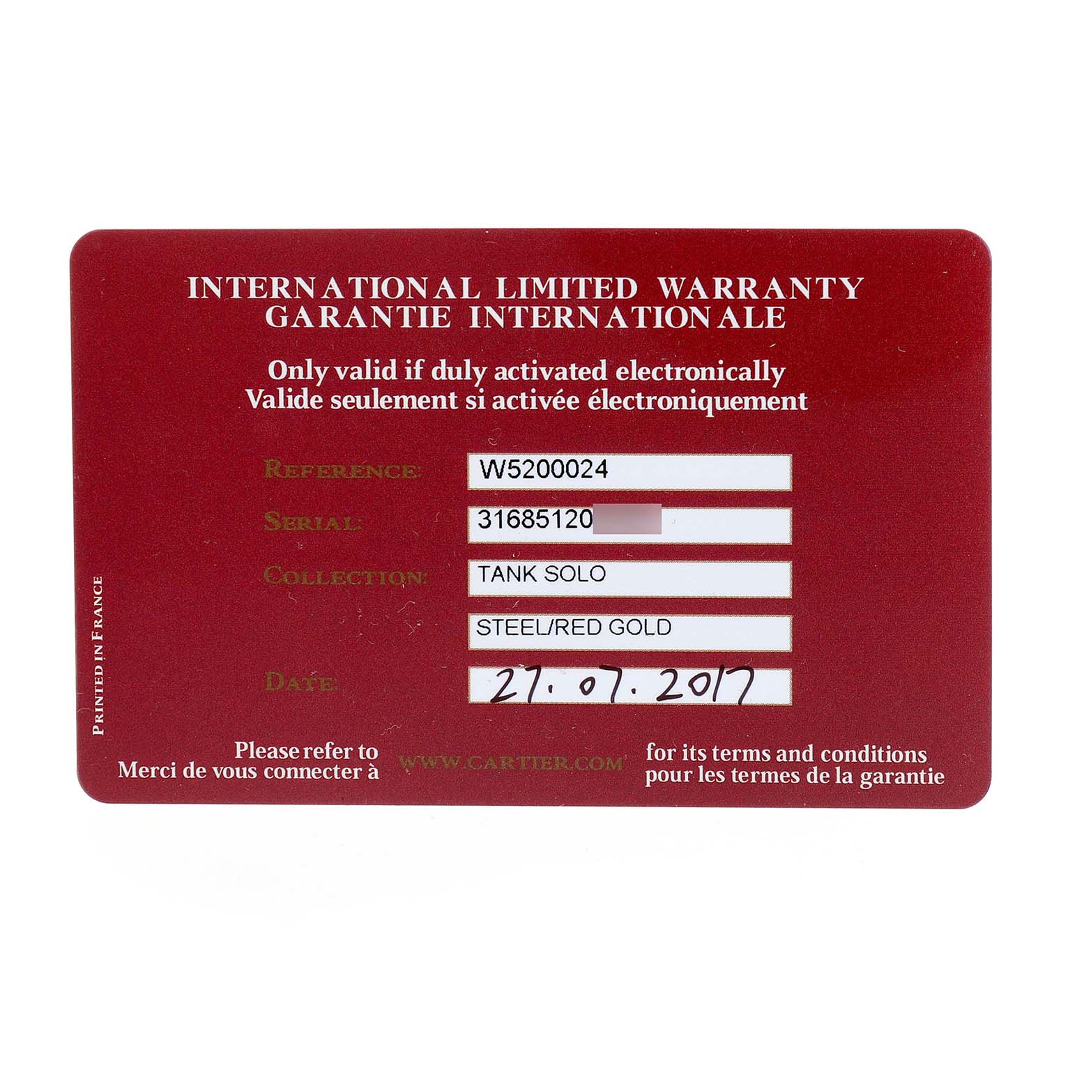The image shows a warranty card for the Cartier Tank Solo W5200024 Women's Rose Gold Silver Dial watch, detailing its reference, serial number, and collection.