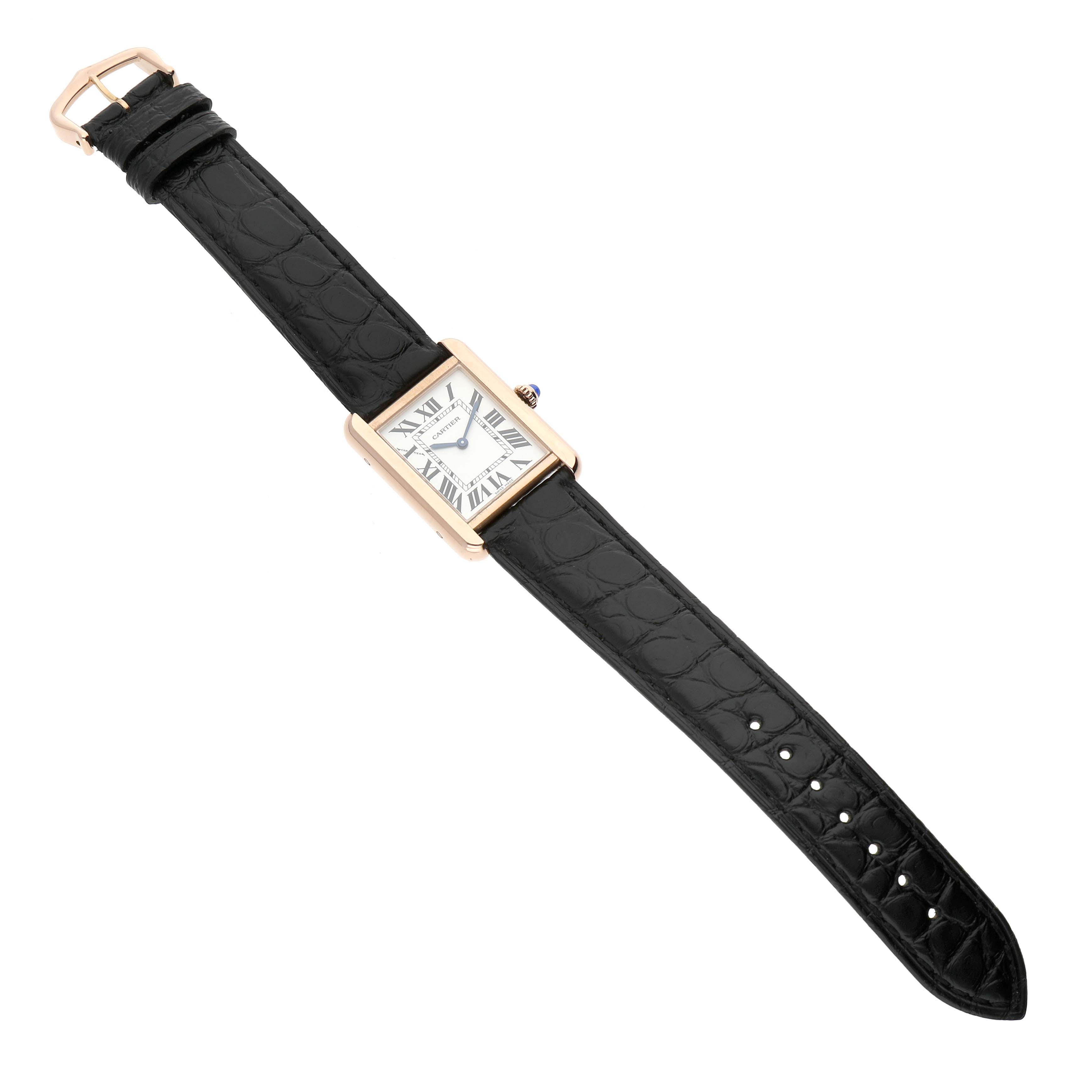 The Cartier Tank Solo W5200024 Women's Rose Gold Silver Dial watch is shown from a top angle, displaying the face, bezel, strap, and buckle.