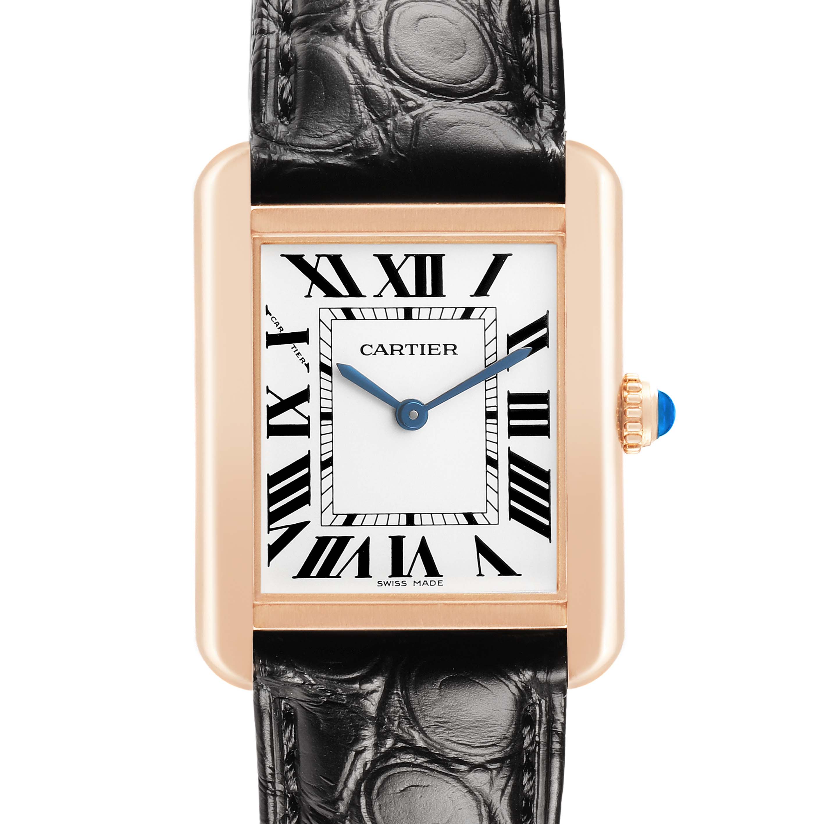 The Cartier Tank Solo W5200024 Women's Rose Gold Silver Dial watch is shown from the front, highlighting the dial, rectangular case, crown, and strap.