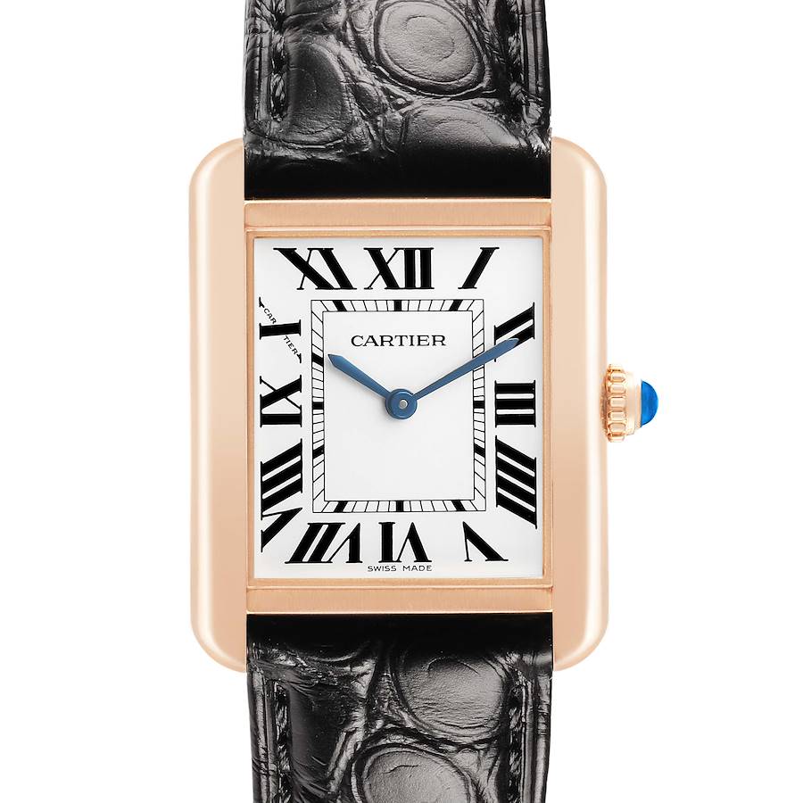 The Cartier Tank Solo W5200024 Women's Rose Gold Silver Dial watch is shown from the front, highlighting the dial, rectangular case, crown, and strap.