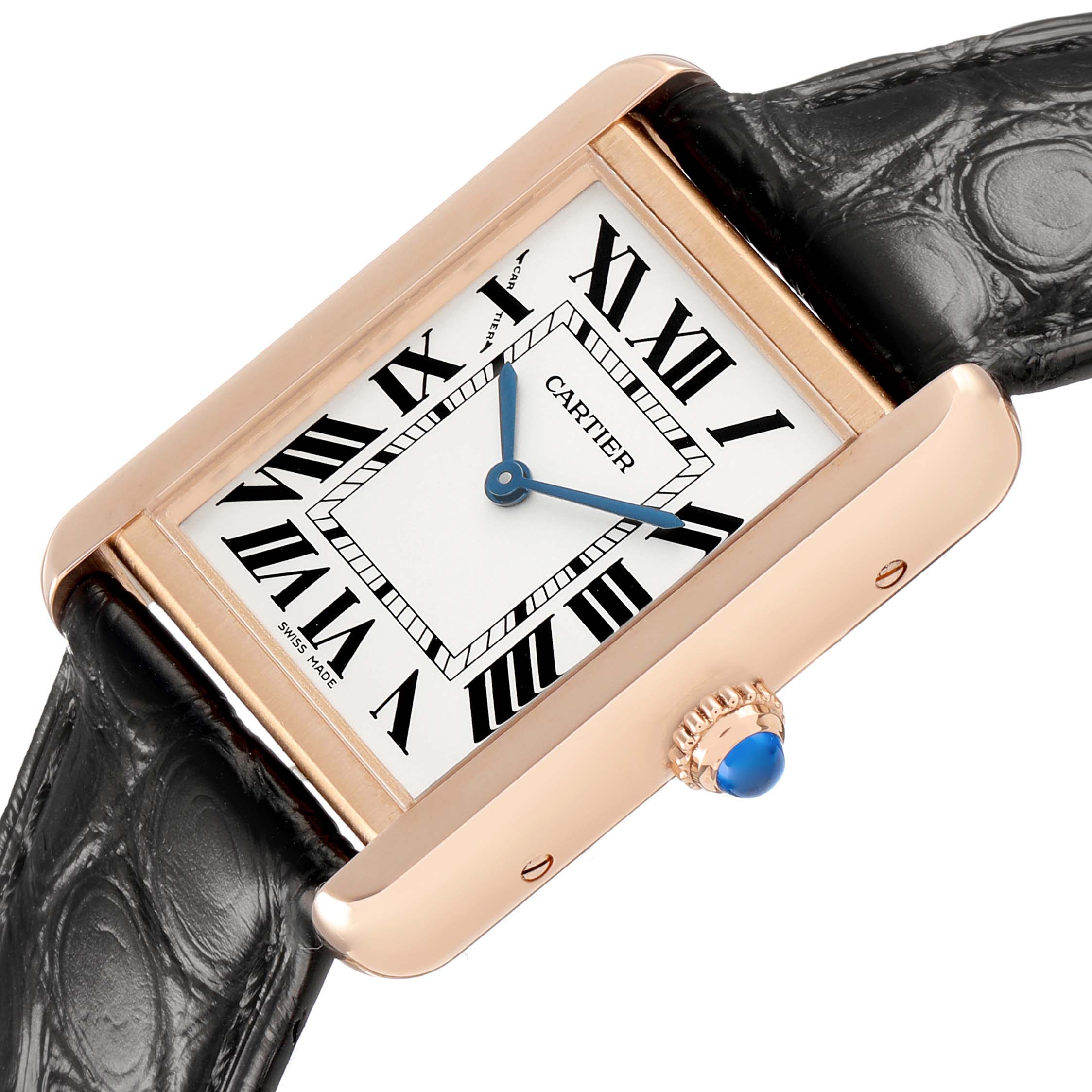 The Cartier Tank Solo W5200024 Women's Rose Gold Silver Dial watch is shown at an angle with its face, crown, and leather strap visible.