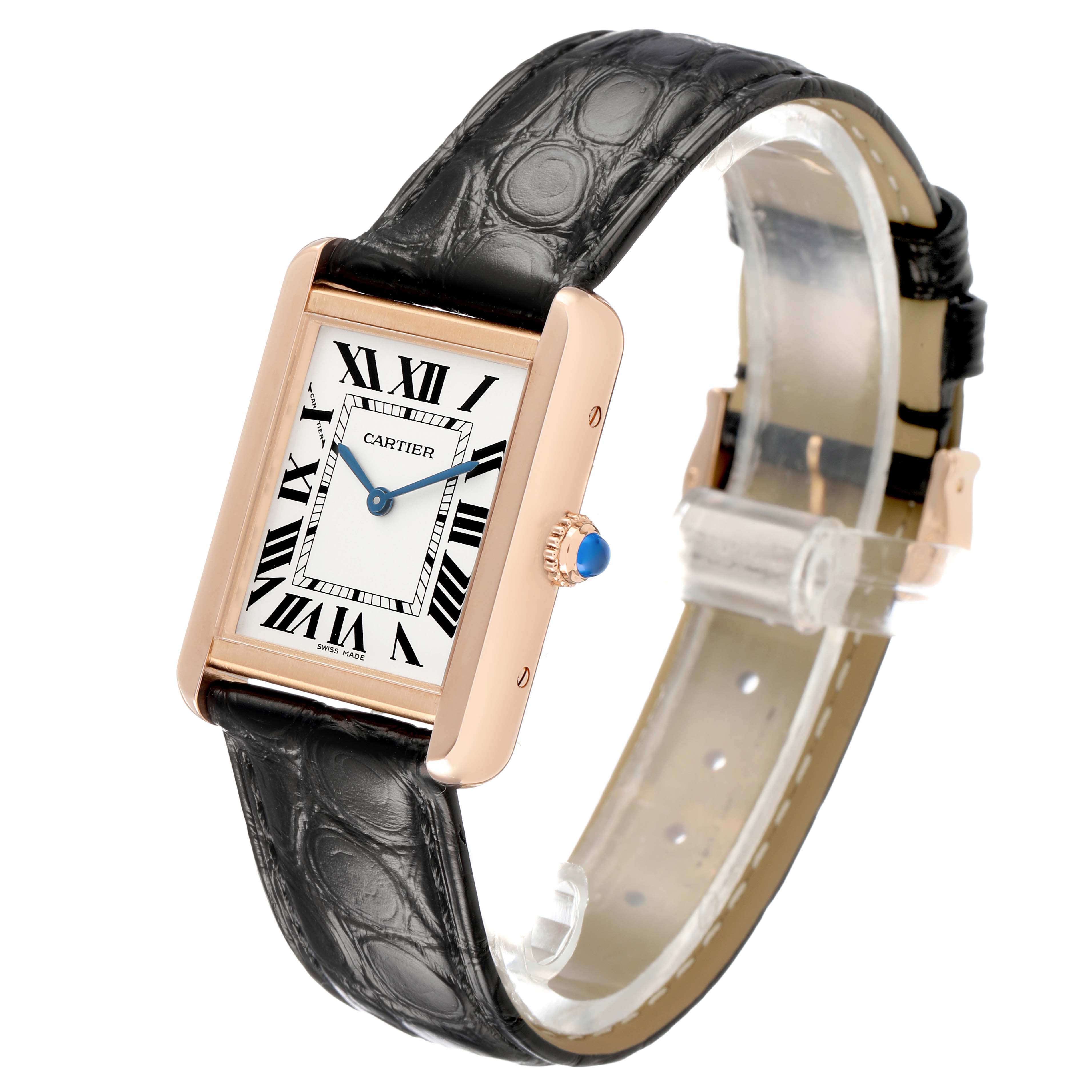 The Cartier Tank Solo W5200024 Women's Rose Gold Silver Dial watch is shown at an angle displaying the face, bezel, leather strap, and crown with blue cabochon.