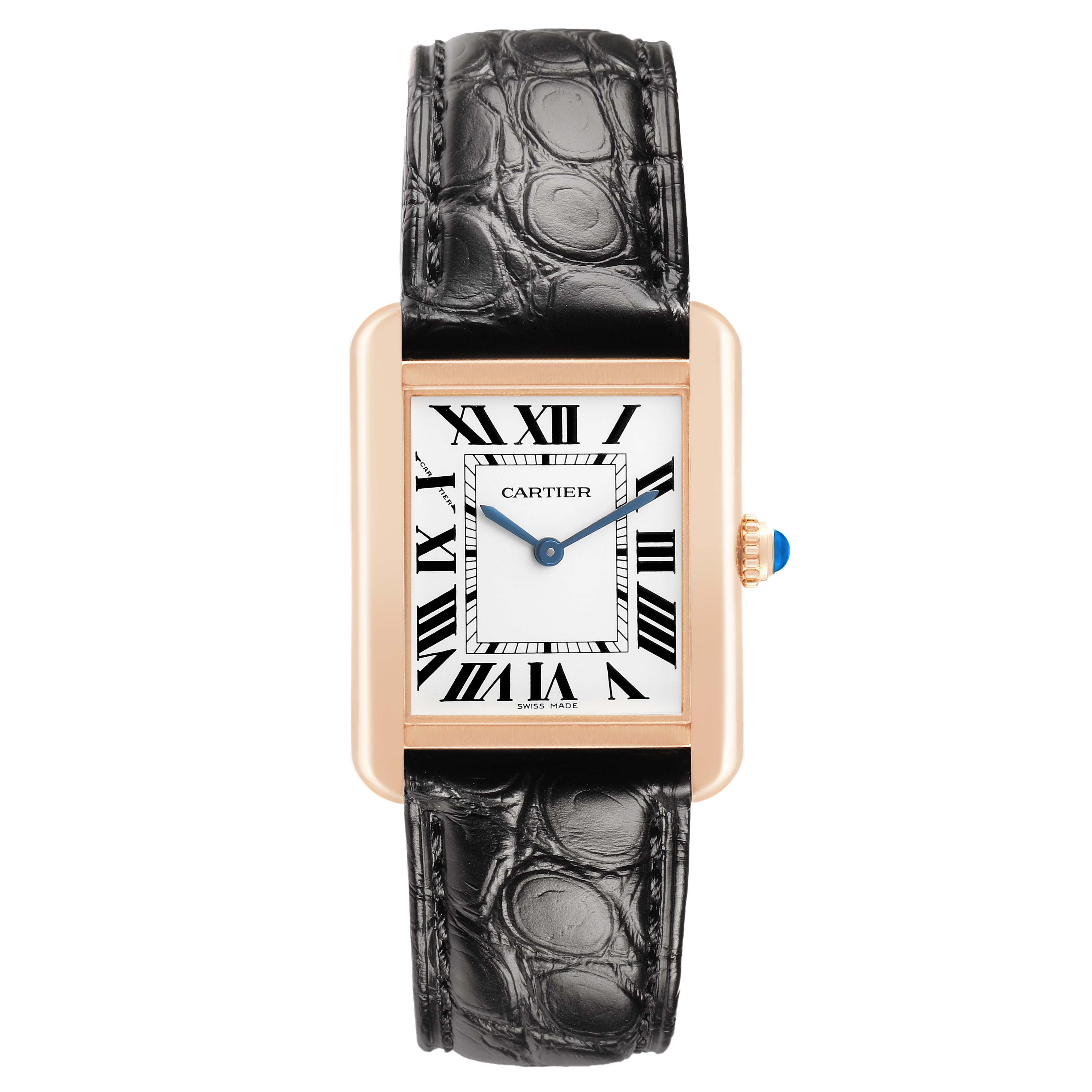 The Cartier Tank Solo W5200024 Women's Rose Gold Silver Dial watch is shown from the front, featuring its rectangular case, Roman numerals, and leather strap.