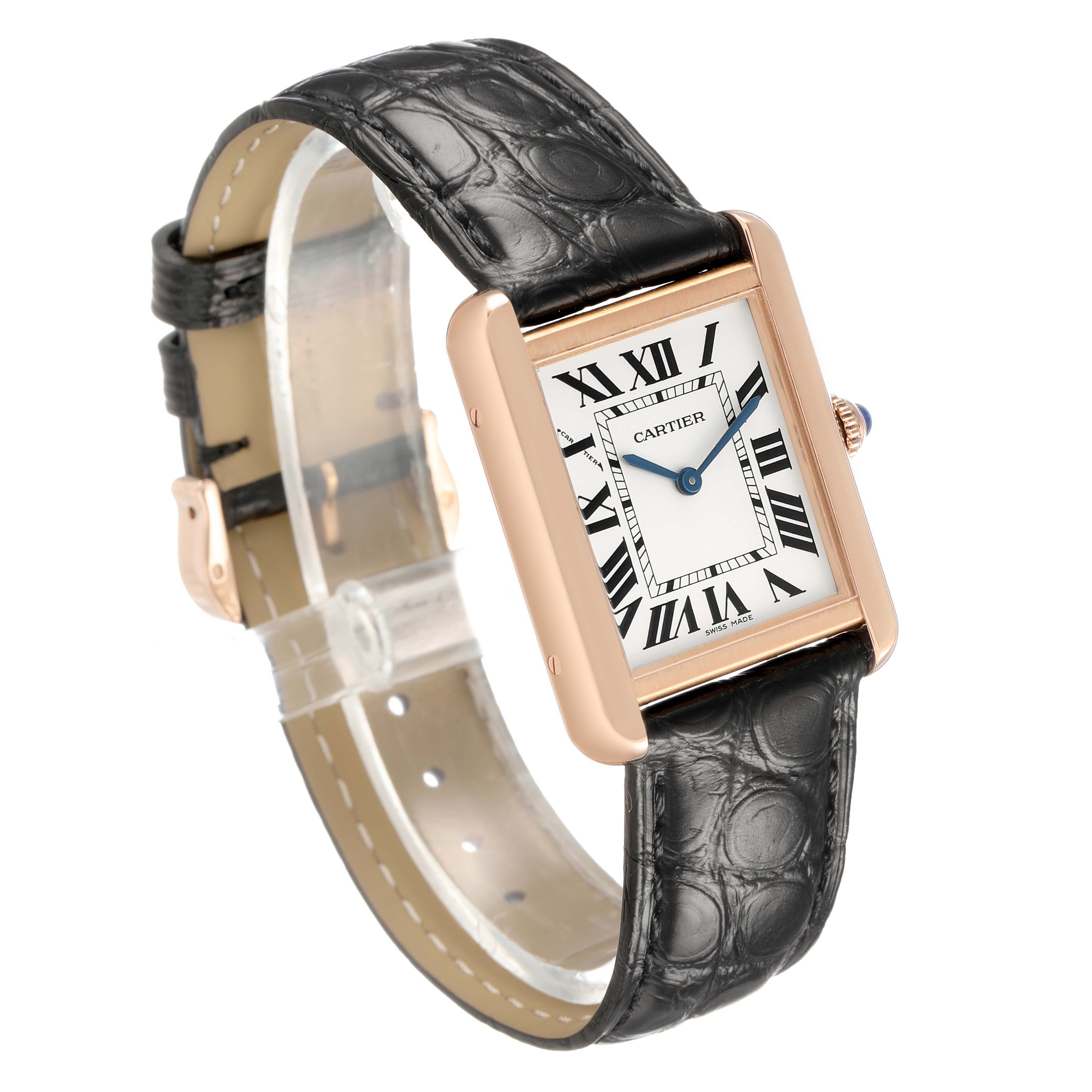 The Cartier Tank Solo W5200024 Women's Rose Gold Silver Dial watch is shown at a slight side angle, highlighting its rectangular face and black leather strap.