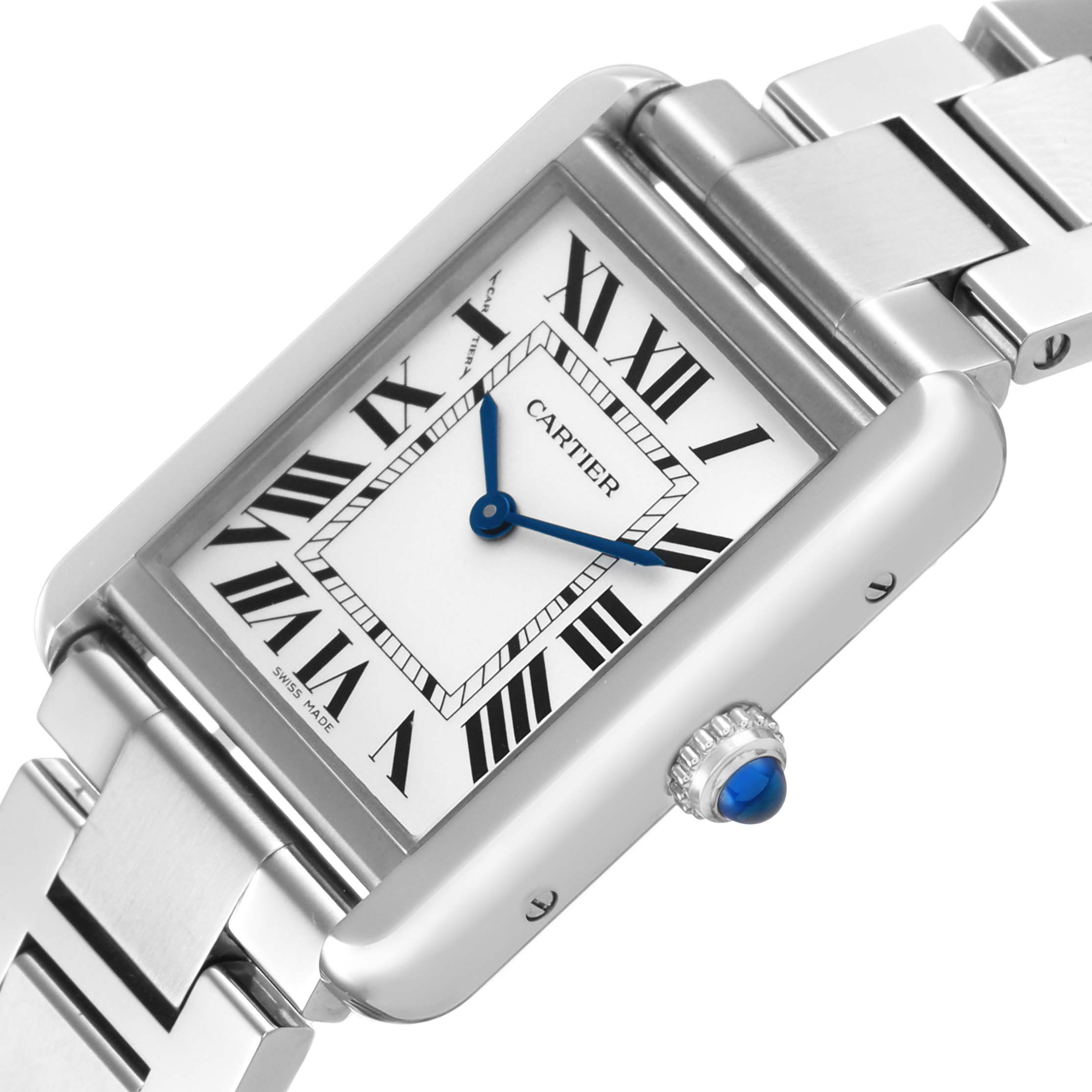 The Cartier Tank Solo W5200013 Women's Stainless Steel Silver Dial watch is shown at an angled close-up, highlighting the dial, crown, and part of the bracelet.