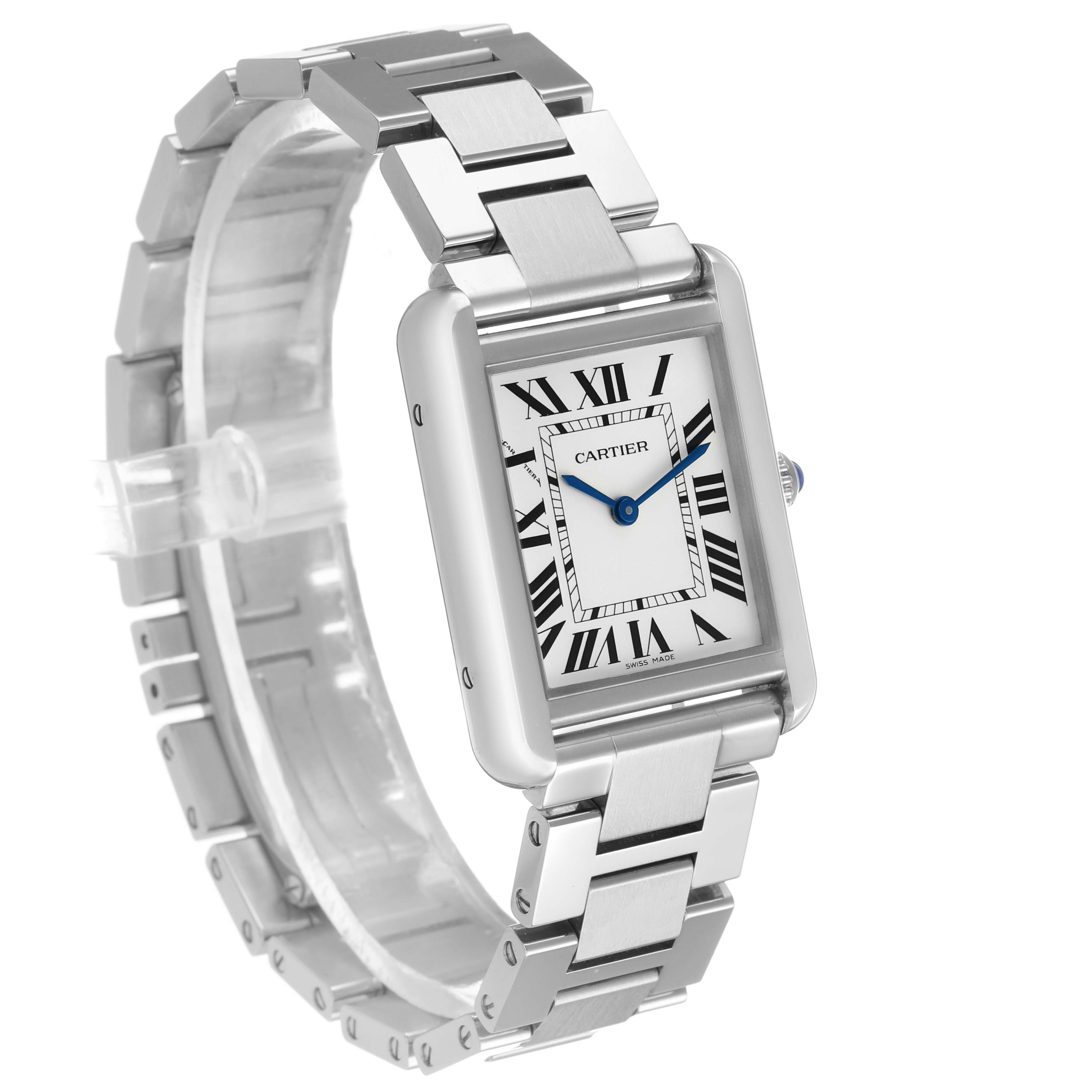 The Cartier Tank Solo W5200013 Women's Stainless Steel Silver Dial watch is shown at an oblique angle, highlighting the face, bezel, and stainless steel bracelet.