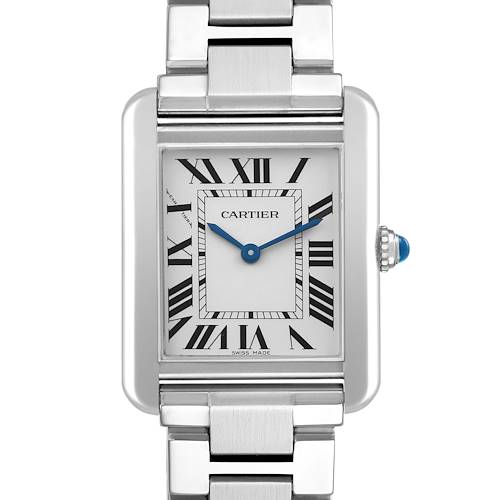The Cartier Tank Solo W5200013 Women's Stainless Steel Silver Dial watch is shown from the front, displaying its face and stainless steel bracelet.