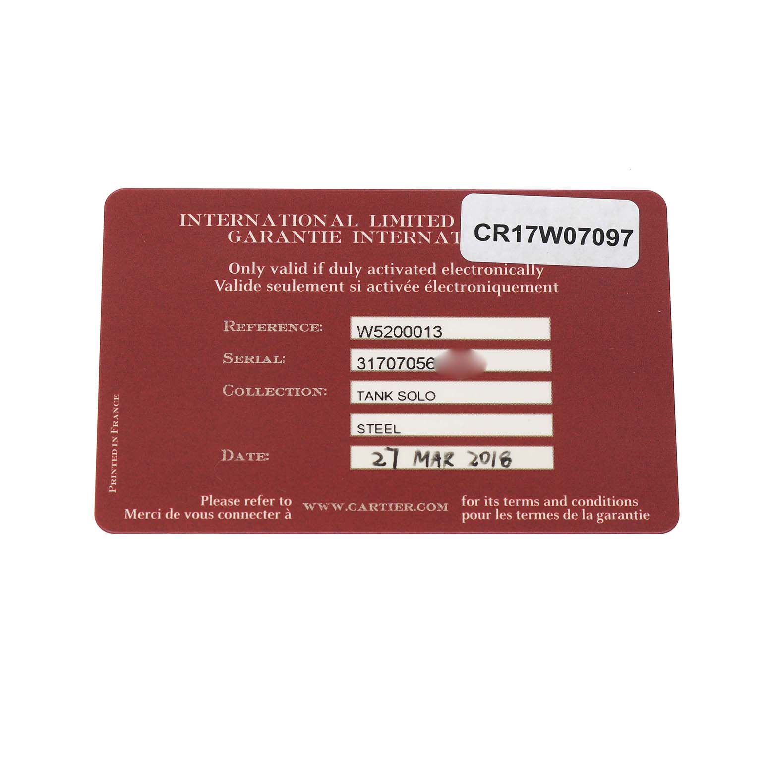 The image shows a Cartier Tank Solo W5200013 Women's Stainless Steel Silver Dial watch warranty card with details like reference, serial number, collection, material, and date.