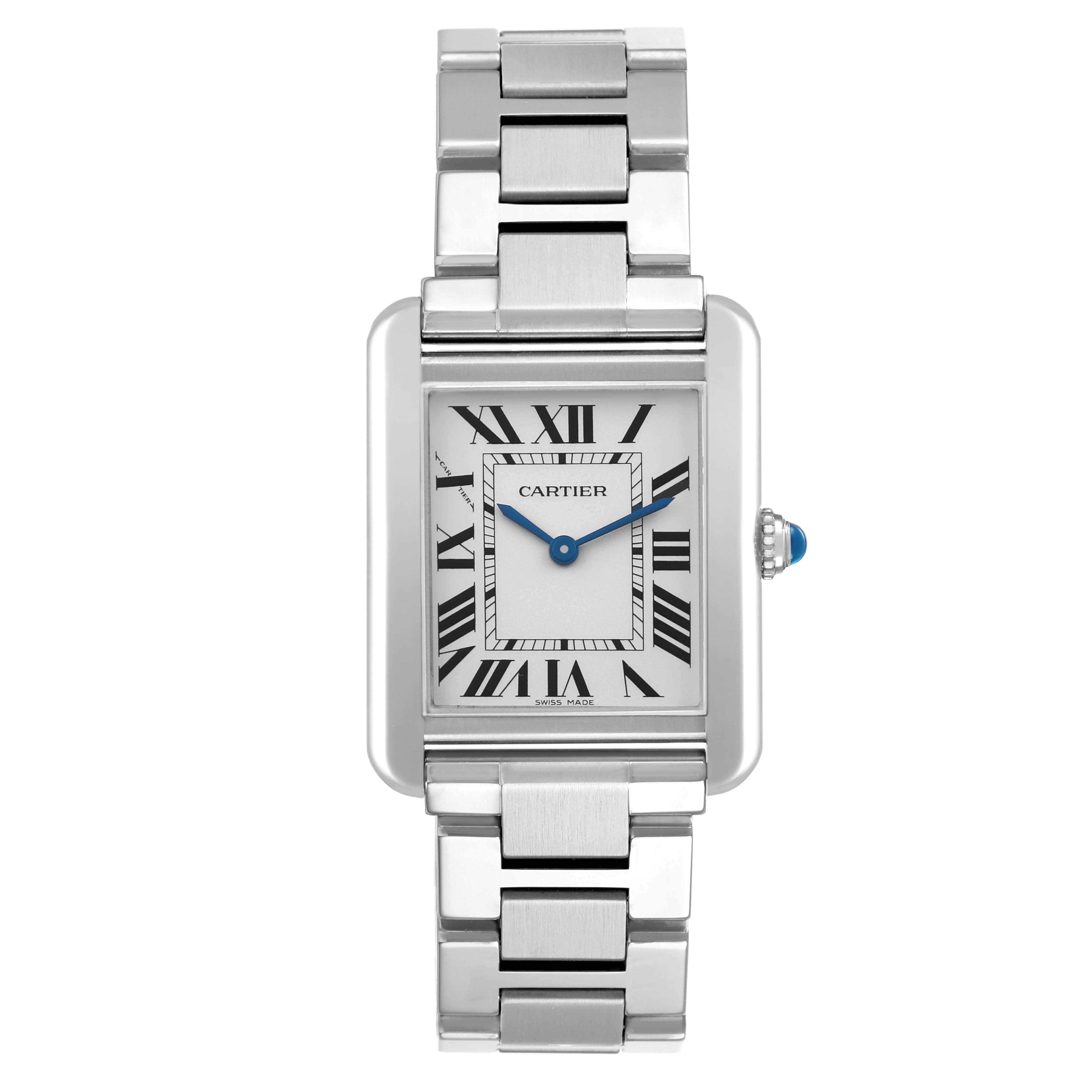 The Cartier Tank Solo W5200013 Women's Stainless Steel Silver Dial watch is shown from the front, displaying its rectangular face, roman numerals, and metal bracelet.