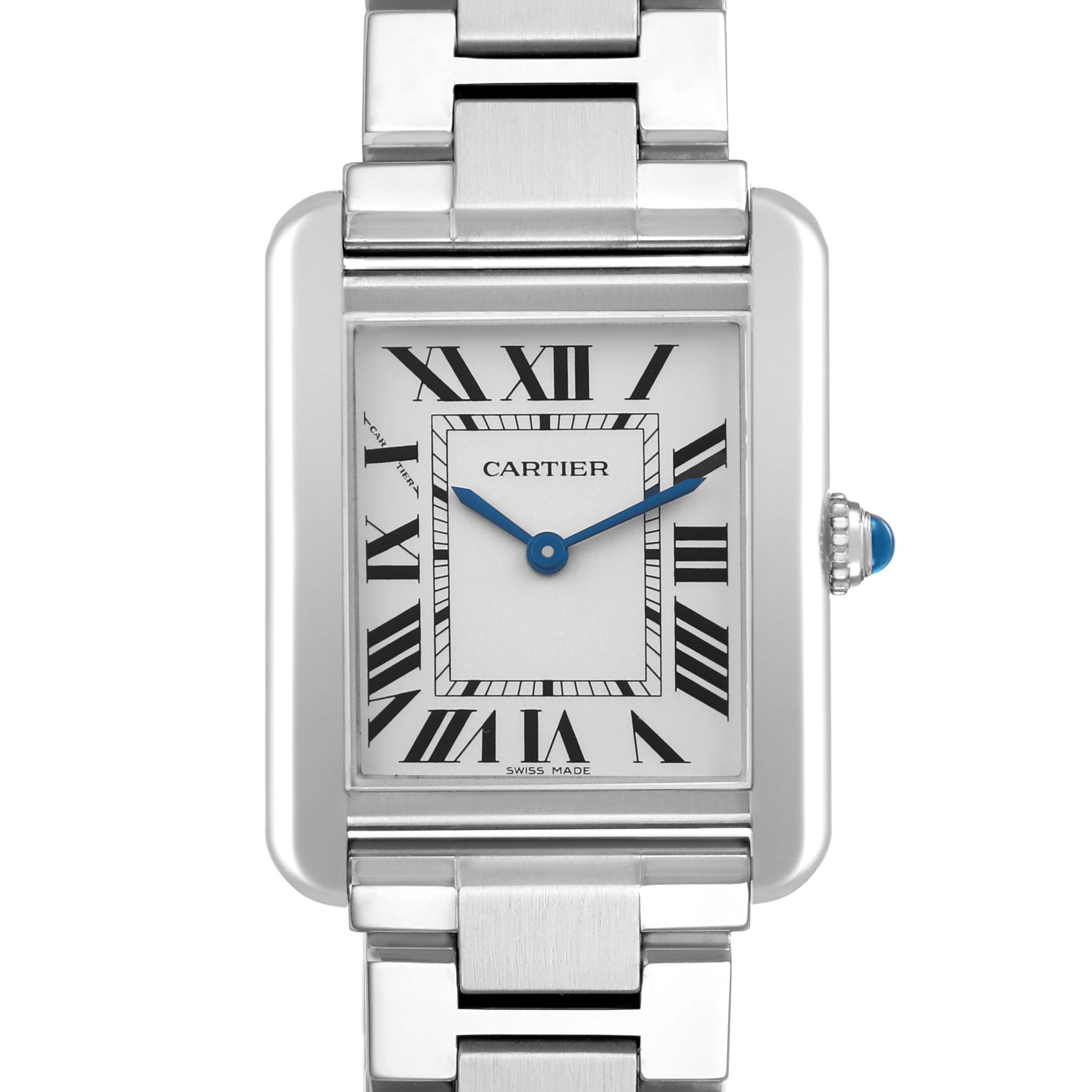 The image shows the front view of a Cartier Tank Solo W5200013 Women's Stainless Steel Silver Dial watch, highlighting the dial, case, and part of the metal bracelet.
