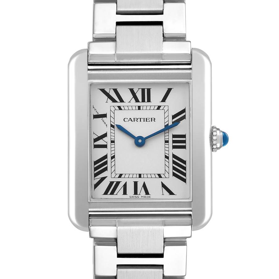 The image shows the front view of a Cartier Tank Solo W5200013 Women's Stainless Steel Silver Dial watch, highlighting the dial, case, and part of the metal bracelet.