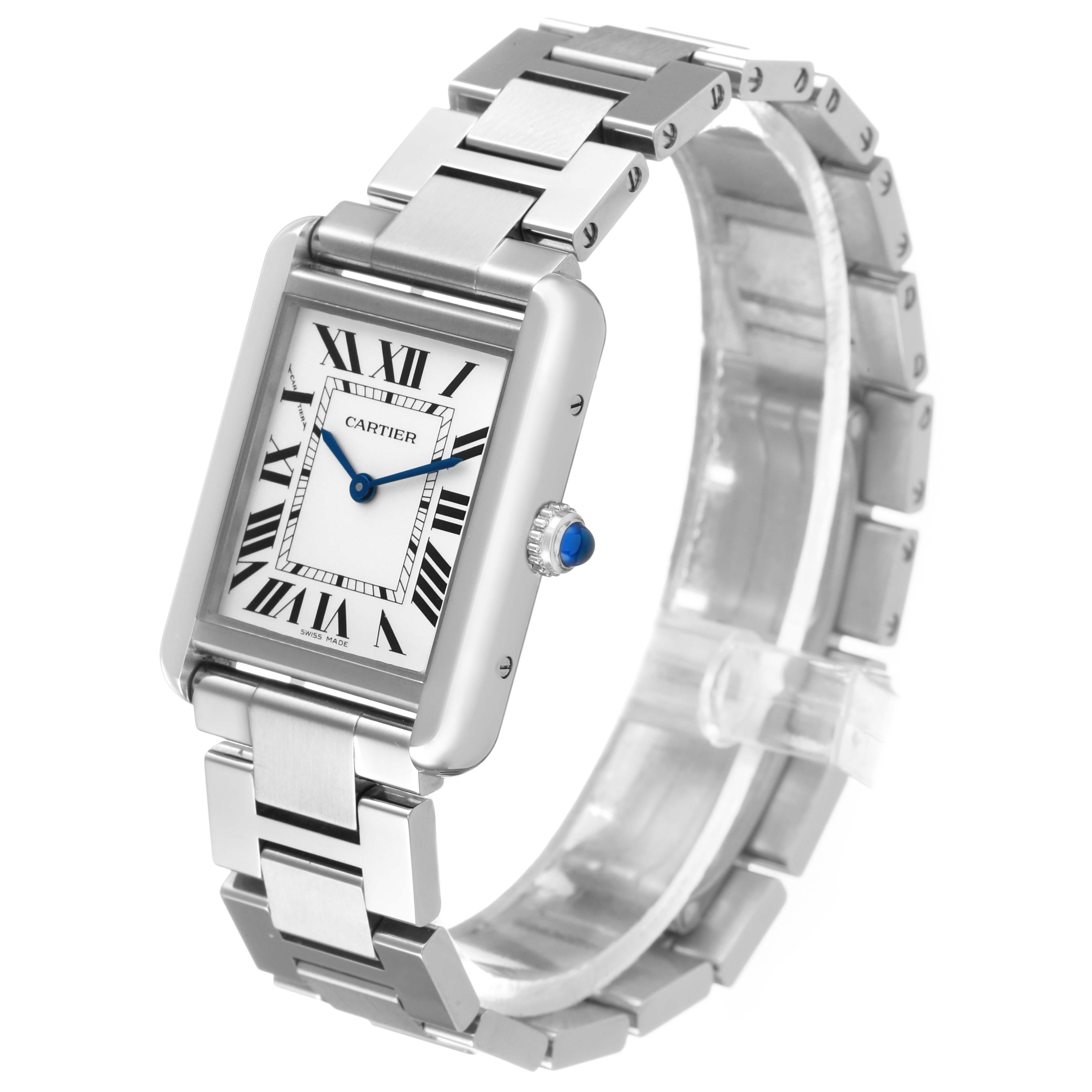 The Cartier Tank Solo W5200013 Women's Stainless Steel Silver Dial watch is shown at an angled profile highlighting the dial, bezel, and metal bracelet.