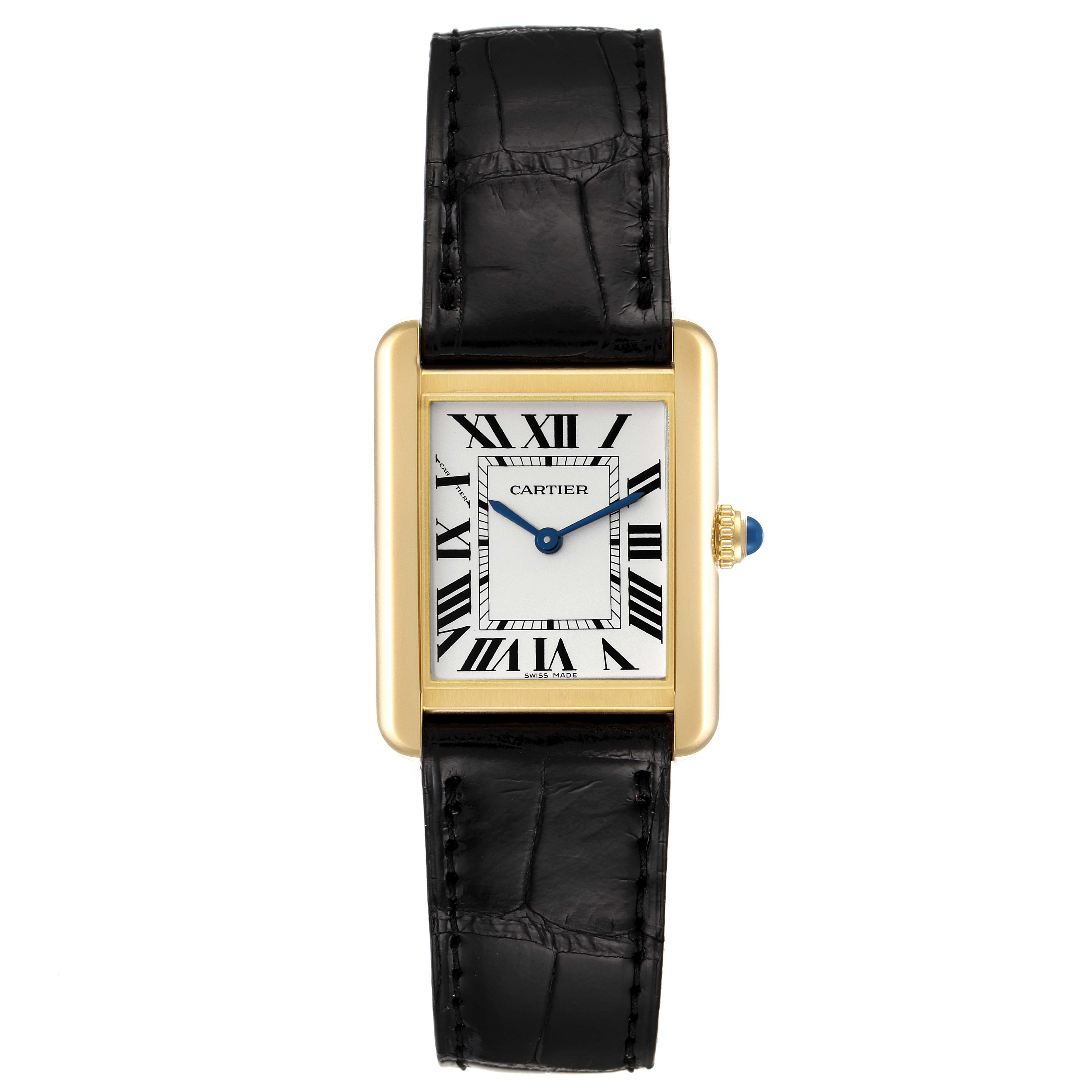 The Cartier Tank Solo W5200002 Women's Yellow Gold Silver Dial W5200002 Women's Yellow Gold Silver Dial watch is shown from a top-down angle, featuring its black leather strap, rectangular face, and gold case.