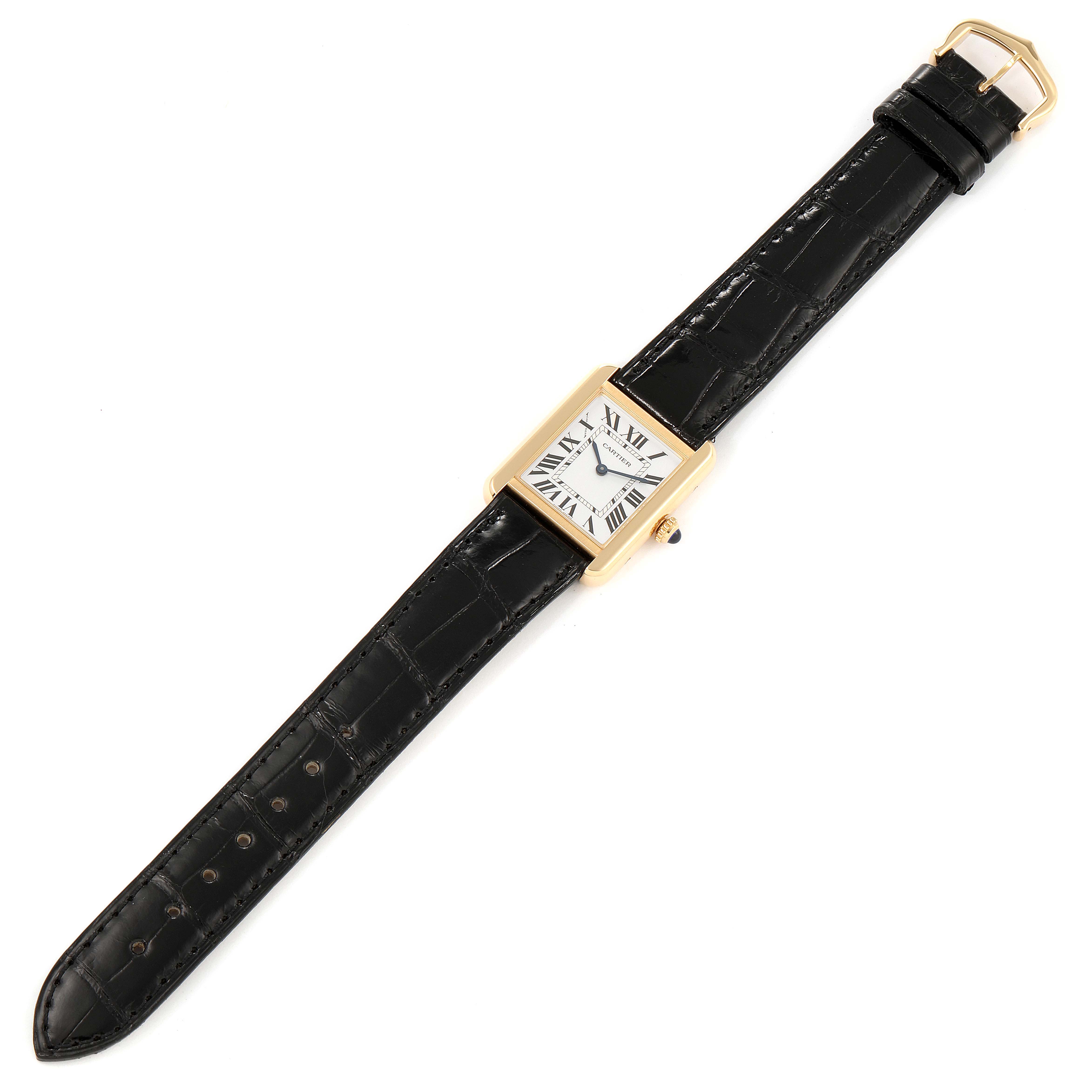 The Cartier Tank Solo W5200002 Women's Yellow Gold Silver Dial W5200002 Women's Yellow Gold Silver Dial watch is shown flat, displaying the face, black leather strap, and gold buckle.