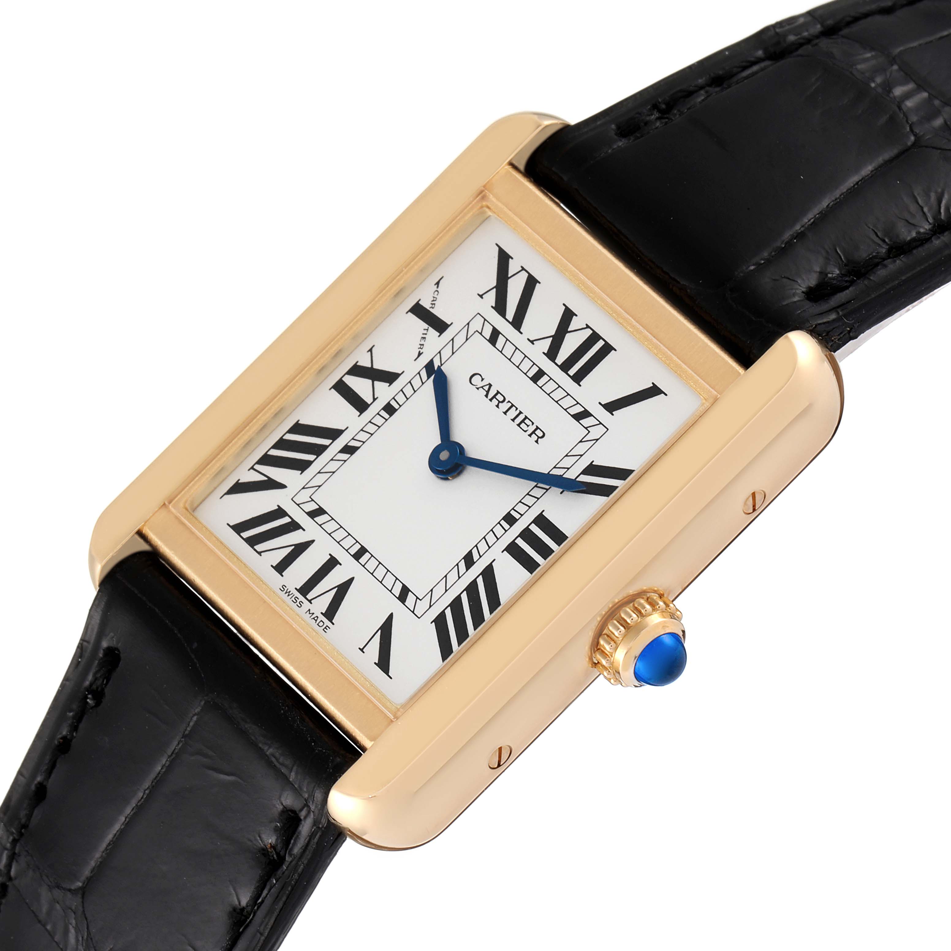The Cartier Tank Solo W5200002 Women's Yellow Gold Silver Dial W5200002 Women's Yellow Gold Silver Dial watch is shown at a slight angle, featuring its face, bezel, and part of the black leather strap.