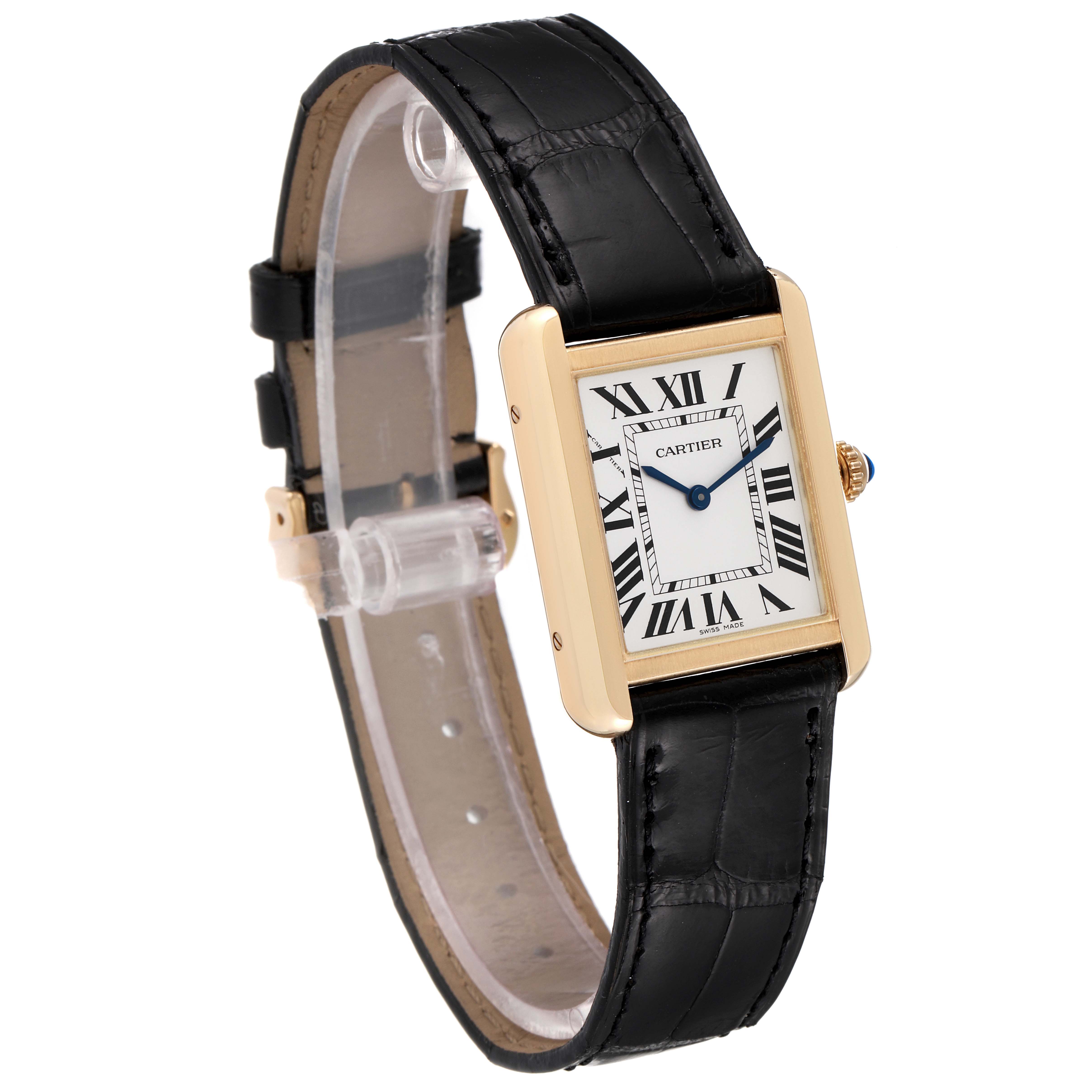 The image shows a Cartier Tank Solo W5200002 Women's Yellow Gold Silver Dial W5200002 Women's Yellow Gold Silver Dial watch at an angled view, displaying its rectangular face, gold case, black leather strap, and Roman numeral dial.