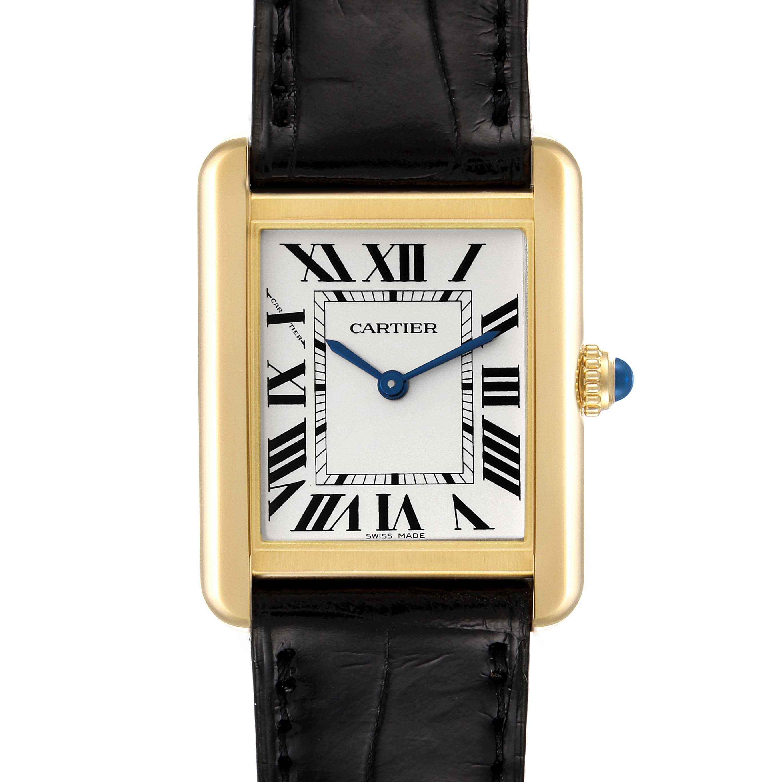 This image shows a front view of the Cartier Tank Solo W5200002 Women's Yellow Gold Silver Dial W5200002 Women's Yellow Gold Silver Dial watch, highlighting its rectangular face, Roman numerals, and black leather strap.