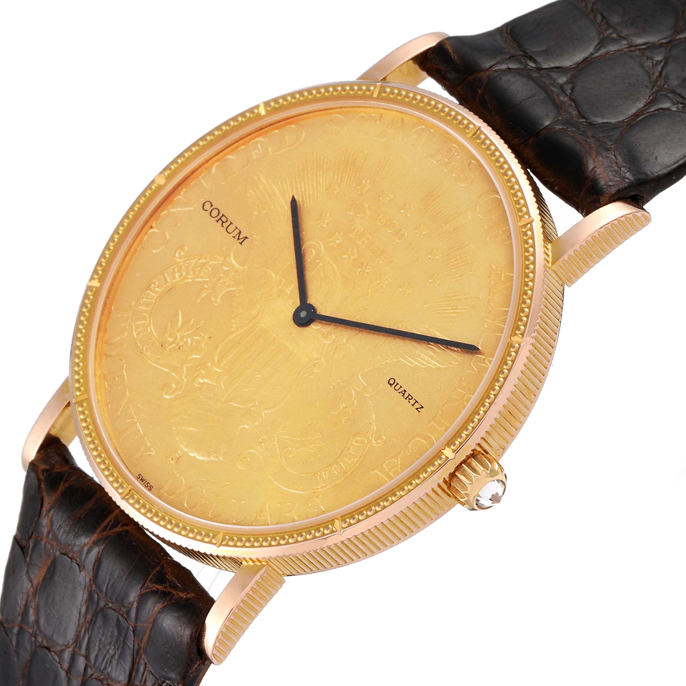 The Corum Coin Watch  Men's Yellow Gold Black Dial  Men's Yellow Gold Black Dial model is shown from a slight angle, displaying the gold coin face, black hands, textured bezel, and black leather strap.