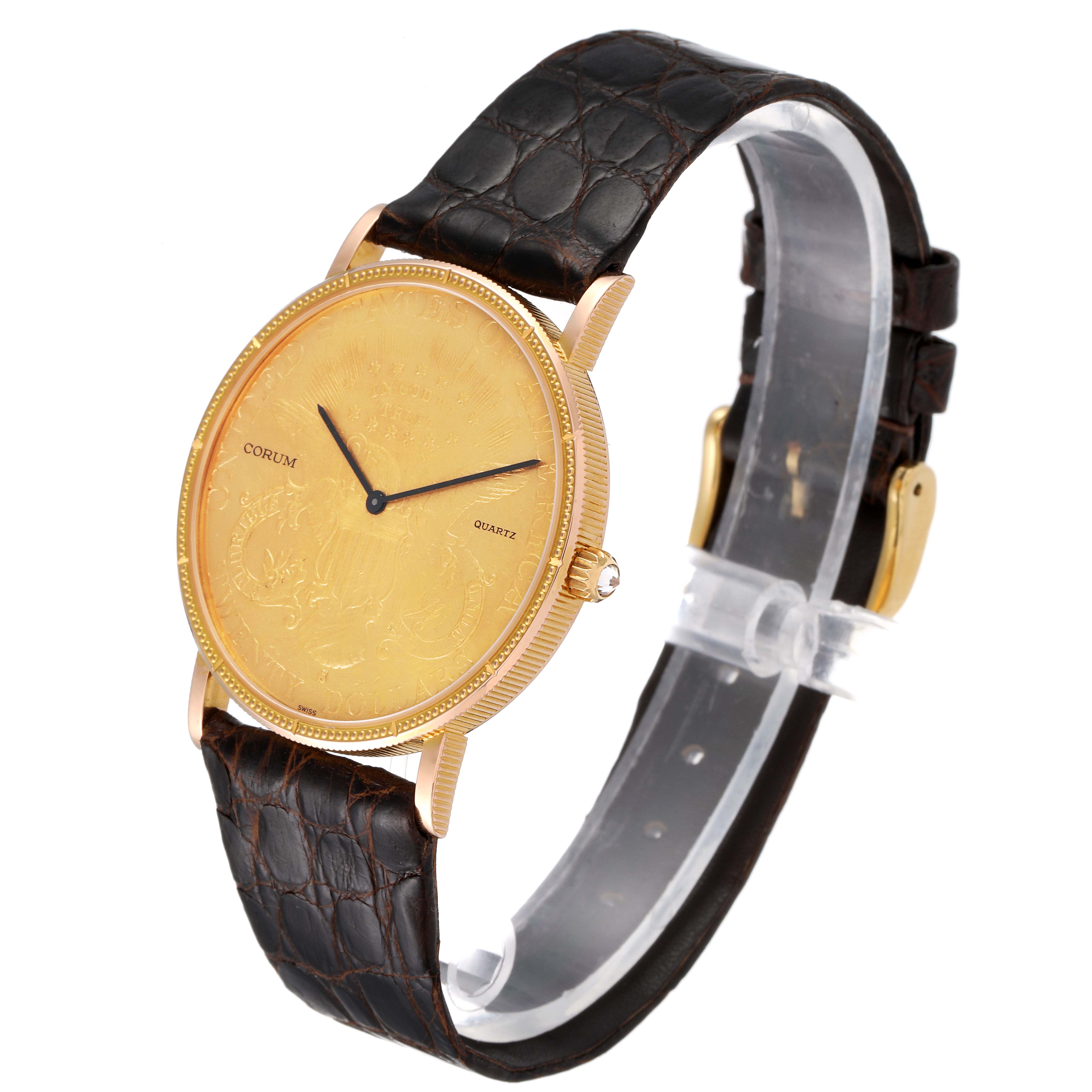 The Coin Watch model by Corum is shown from a front-left angle, displaying the face, bezel, crown, and leather strap.