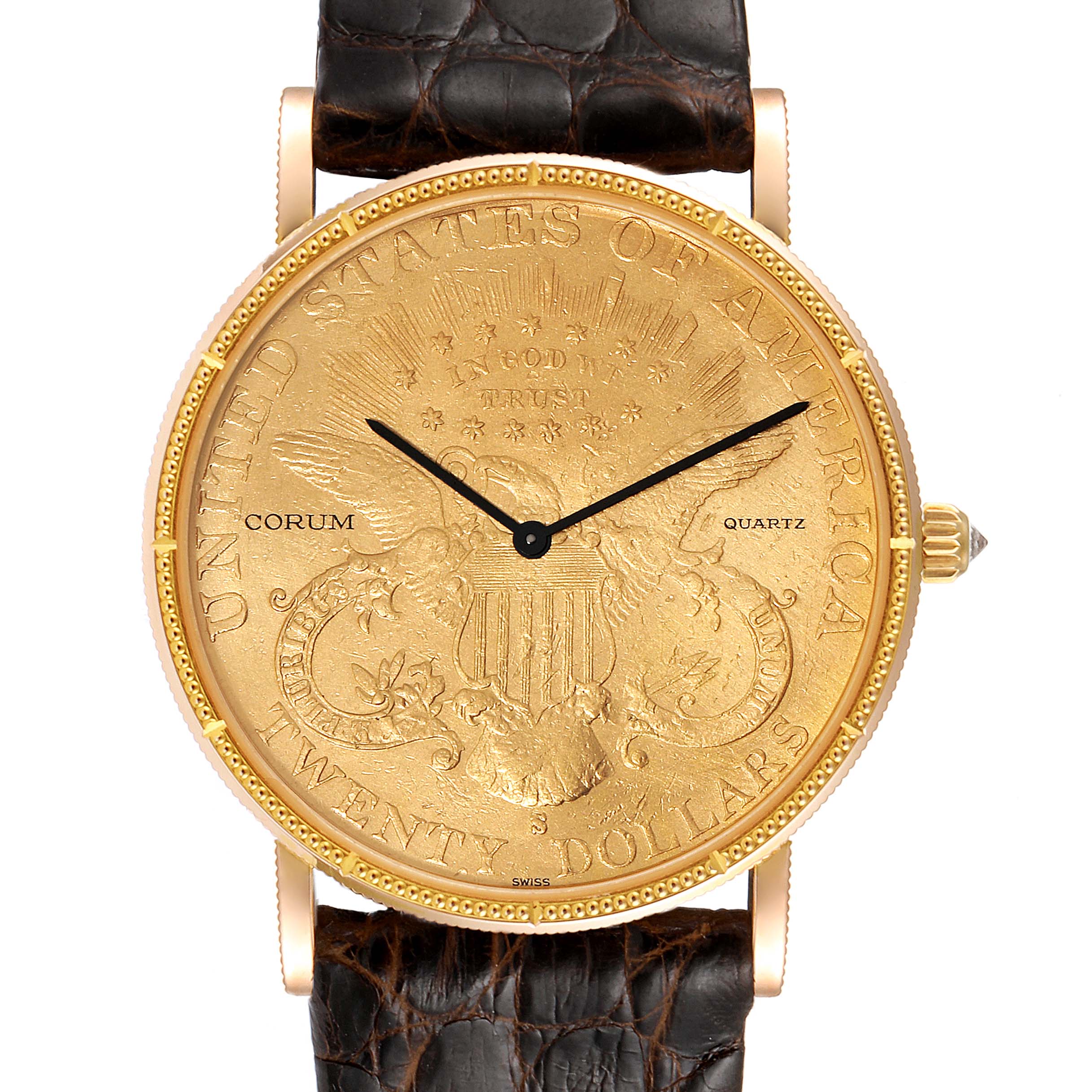 This image shows a front view of the Corum Coin Watch  Men's Yellow Gold Black Dial  Men's Yellow Gold Black Dial model, emphasizing its detailed coin face and leather strap.
