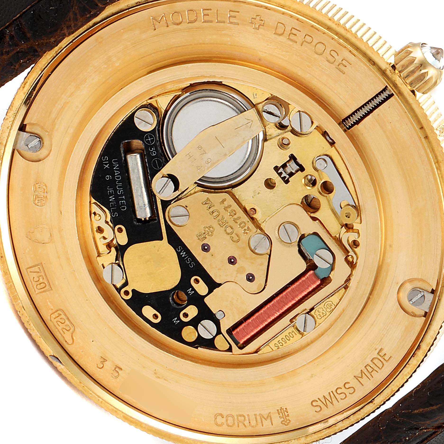 The image shows the back view of the Corum Coin Watch  Men's Yellow Gold Black Dial  Men's Yellow Gold Black Dial model, revealing its intricate inner mechanics.