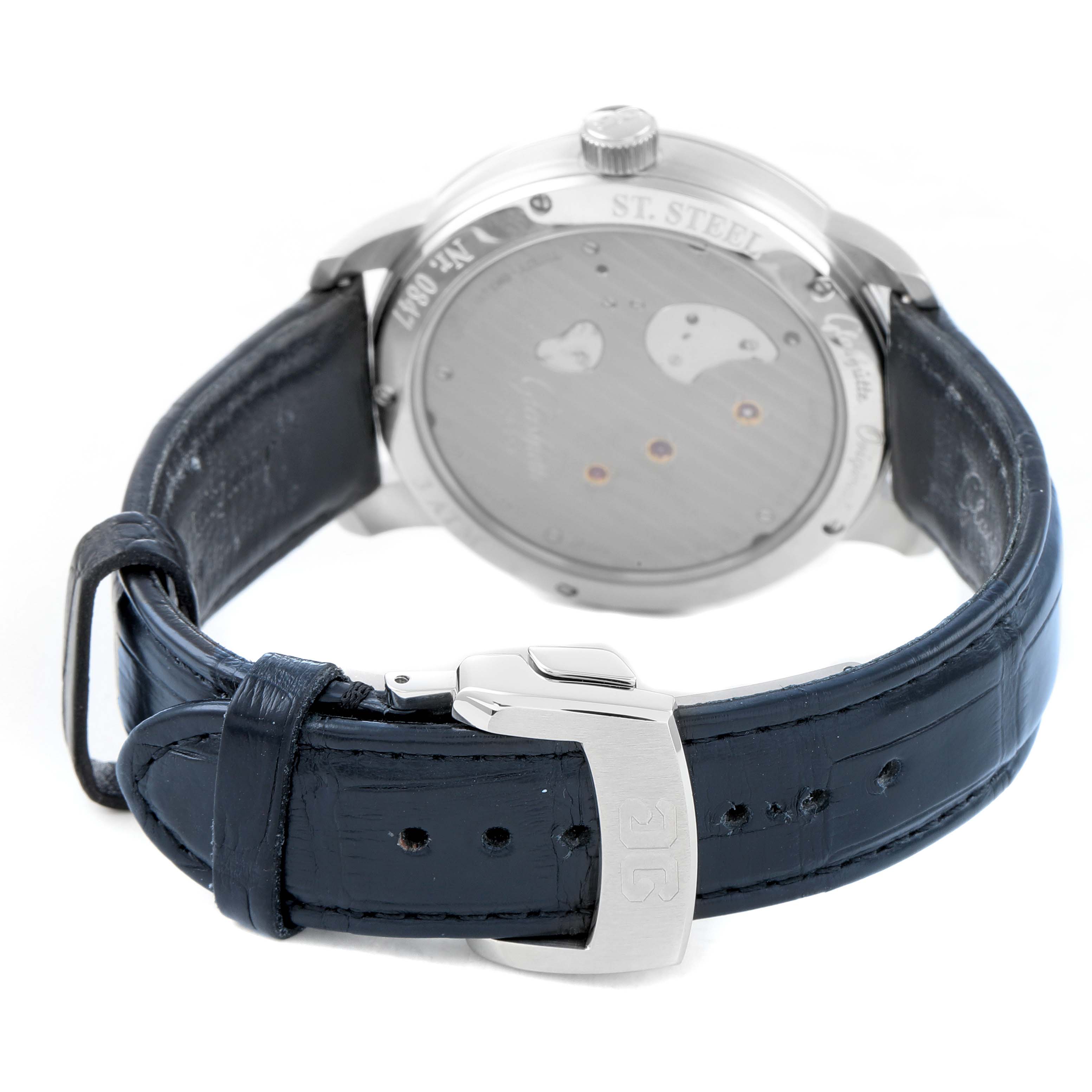 The image shows the back view of the Glashütte Pano watch, highlighting the clasp and leather strap.