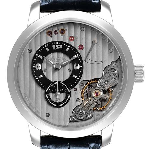 The Glashütte Pano model watch is shown from a front angle, displaying its dial, subdials, and visible movement.