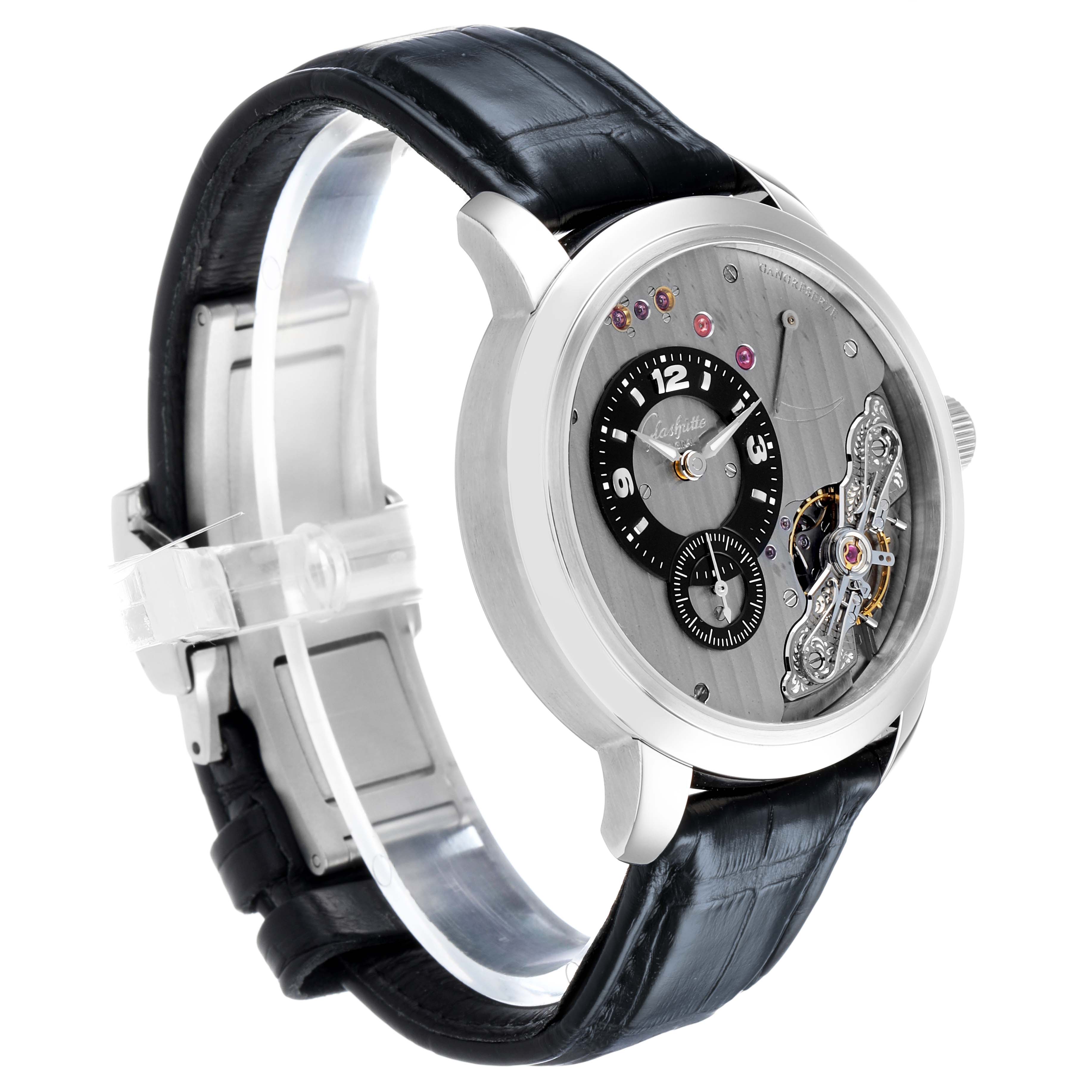 The Glashütte Pano watch is shown at a slight angle, featuring the face with visible intricacies and a black leather strap.