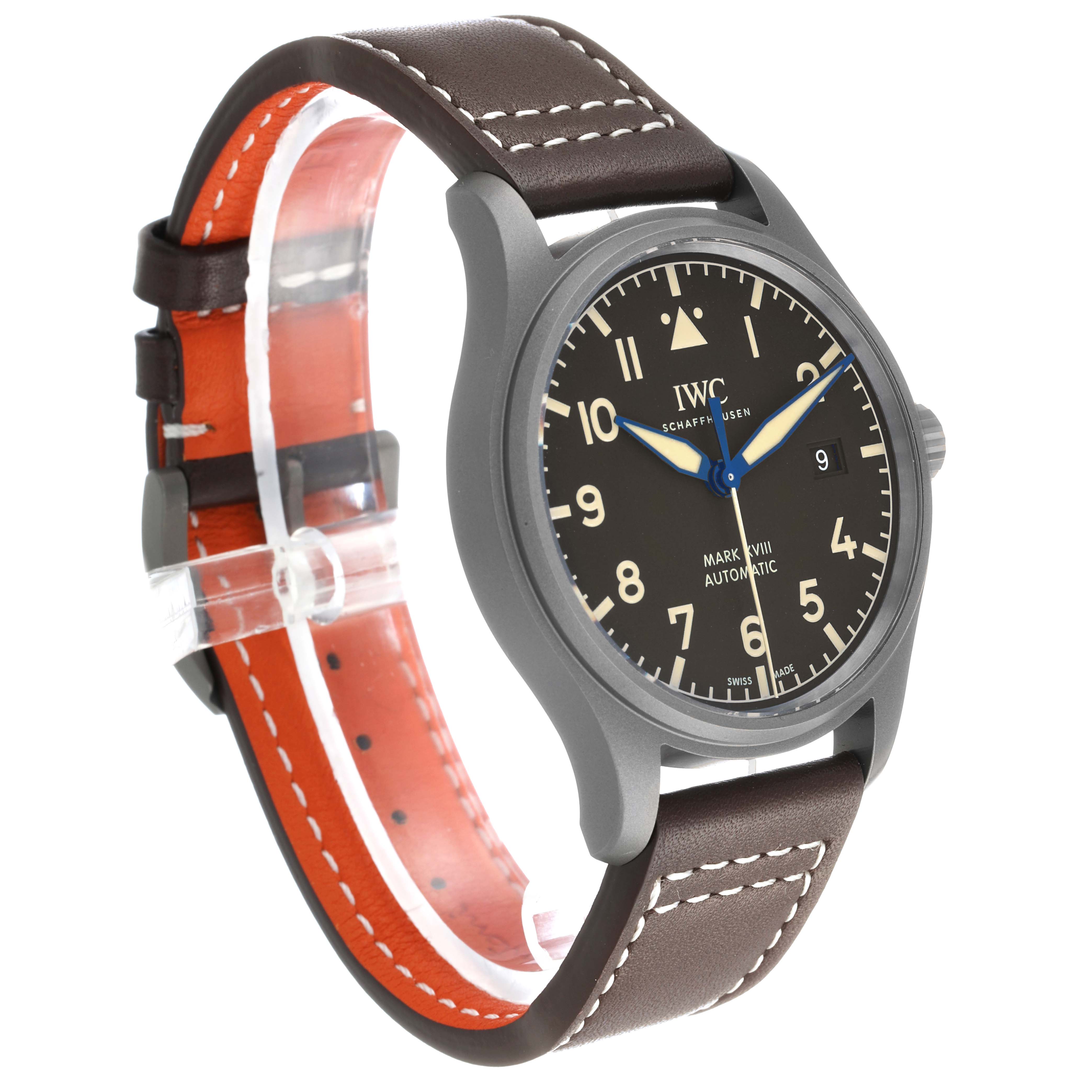 The IWC Pilot IW327006 Men's Titanium Black Dial model is shown at a three-quarter angle, highlighting the dial, brown leather strap, and side crown.