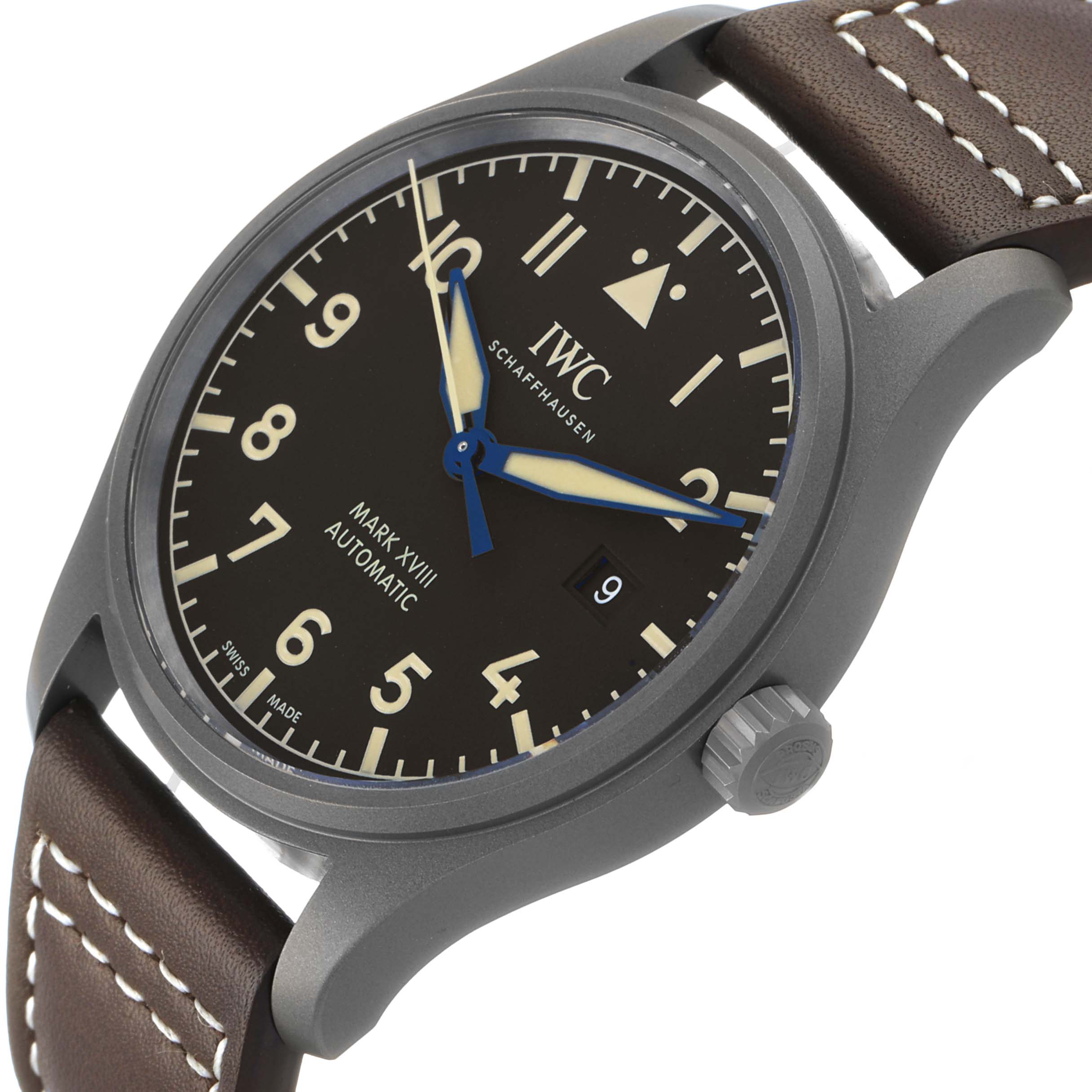 The IWC Pilot IW327006 Men's Titanium Black Dial Mark XVIII is shown at a slight angle, highlighting the dial, crown, case, and part of the leather strap.