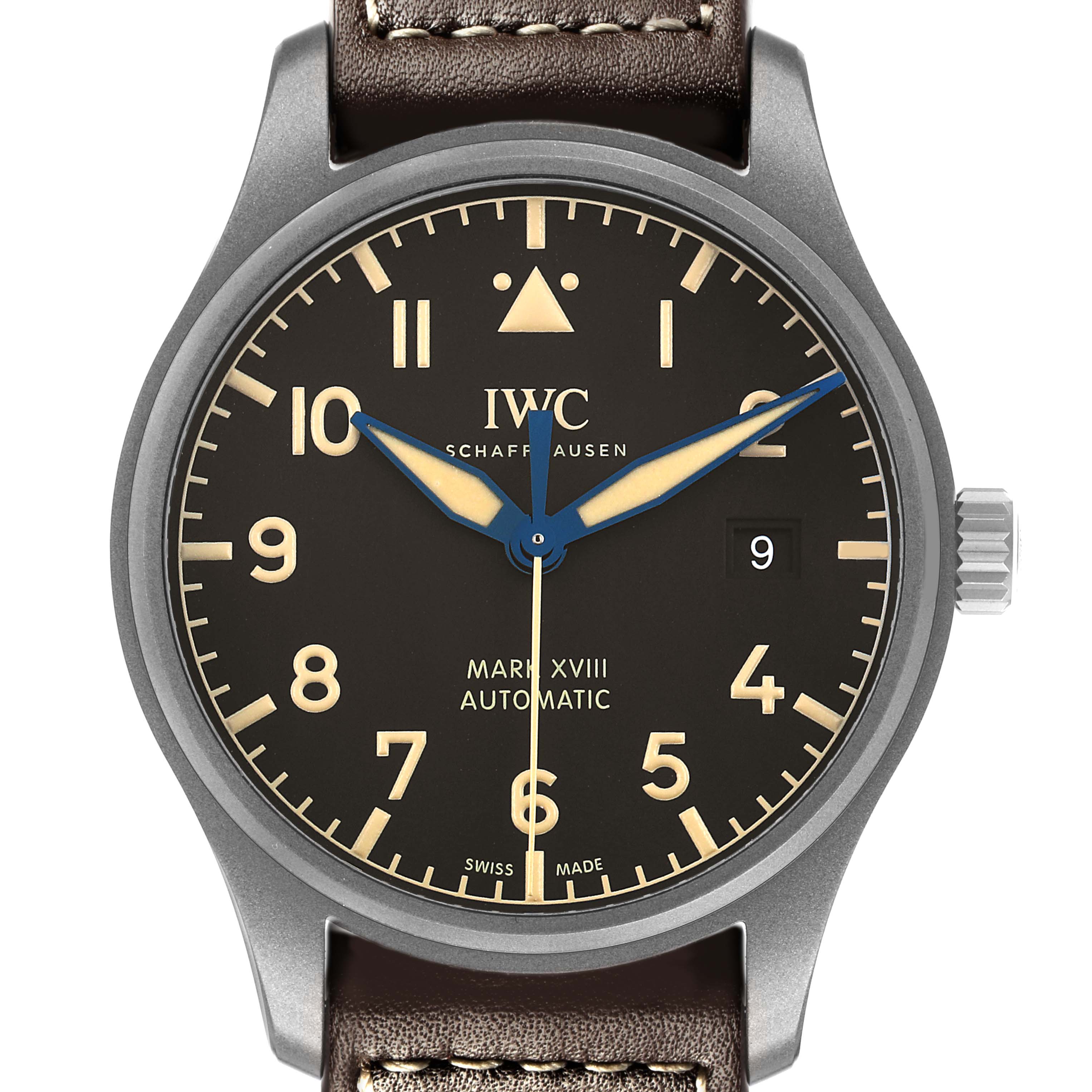 The IWC Pilot IW327006 Men's Titanium Black Dial Mark XVIII watch is shown from the front, highlighting its black dial, luminous markers, and leather strap.