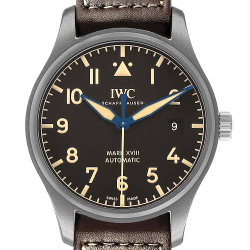 The IWC Pilot IW327006 Men's Titanium Black Dial Mark XVIII watch is shown from a front angle, displaying the face, hands, and strap.