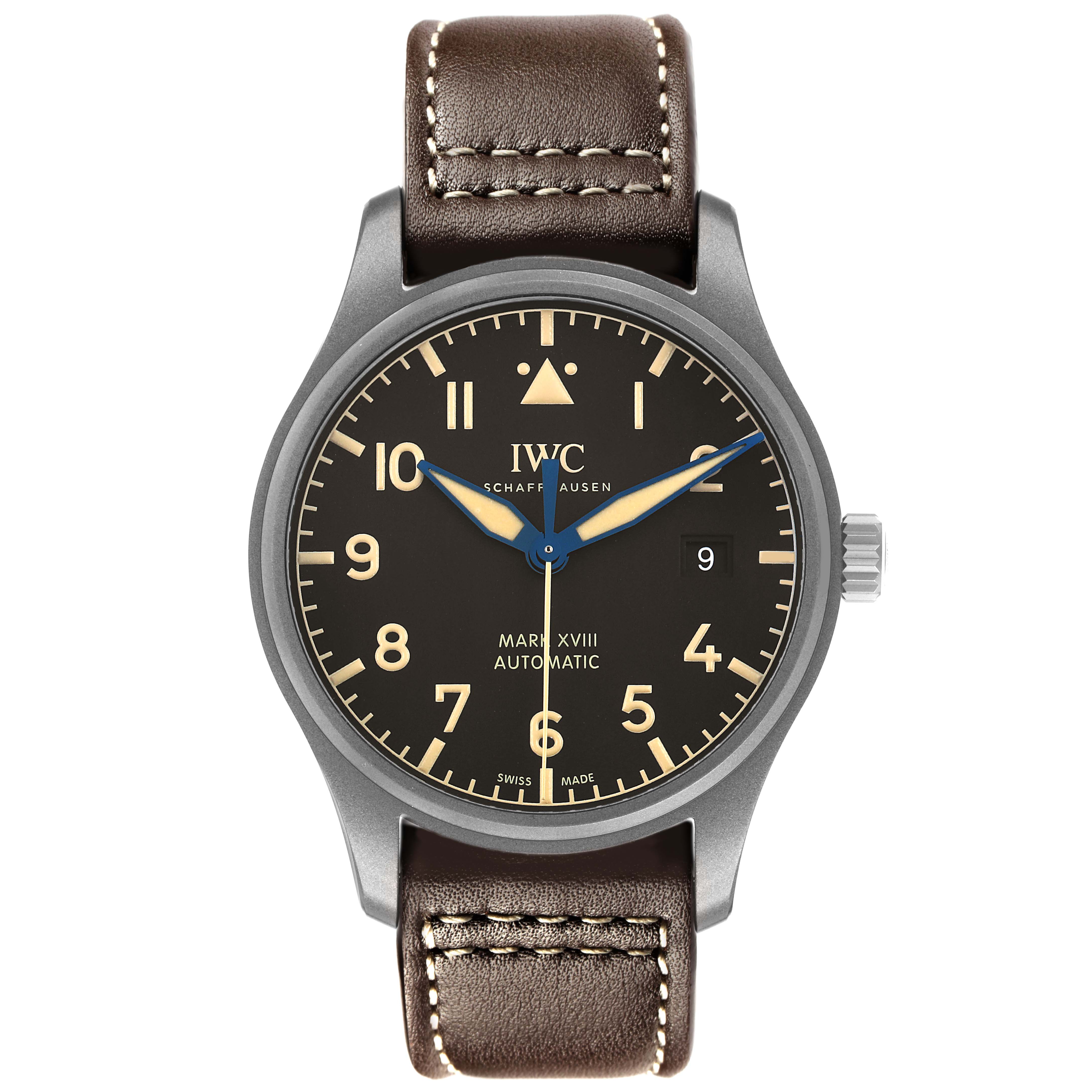 The IWC Pilot IW327006 Men's Titanium Black Dial watch is shown from a front angle, displaying the face, case, crown, and brown leather strap.