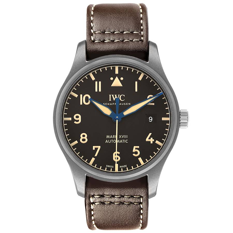 The IWC Pilot IW327006 Men's Titanium Black Dial watch is shown from a front angle, displaying the face, case, crown, and brown leather strap.