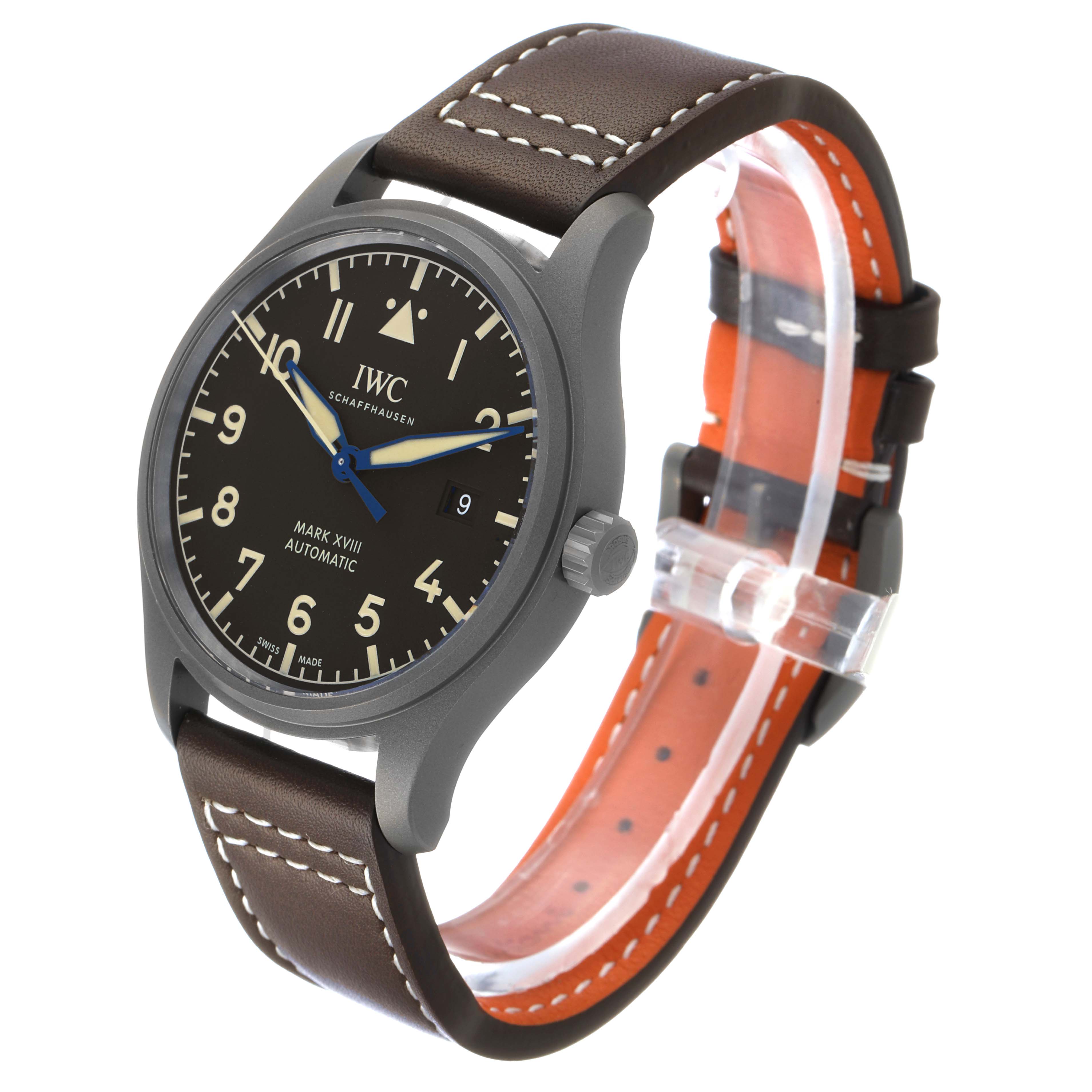 The IWC Pilot IW327006 Men's Titanium Black Dial Mark XVIII watch is shown at an angle highlighting its dial, brown strap, and side profile with a visible crown.
