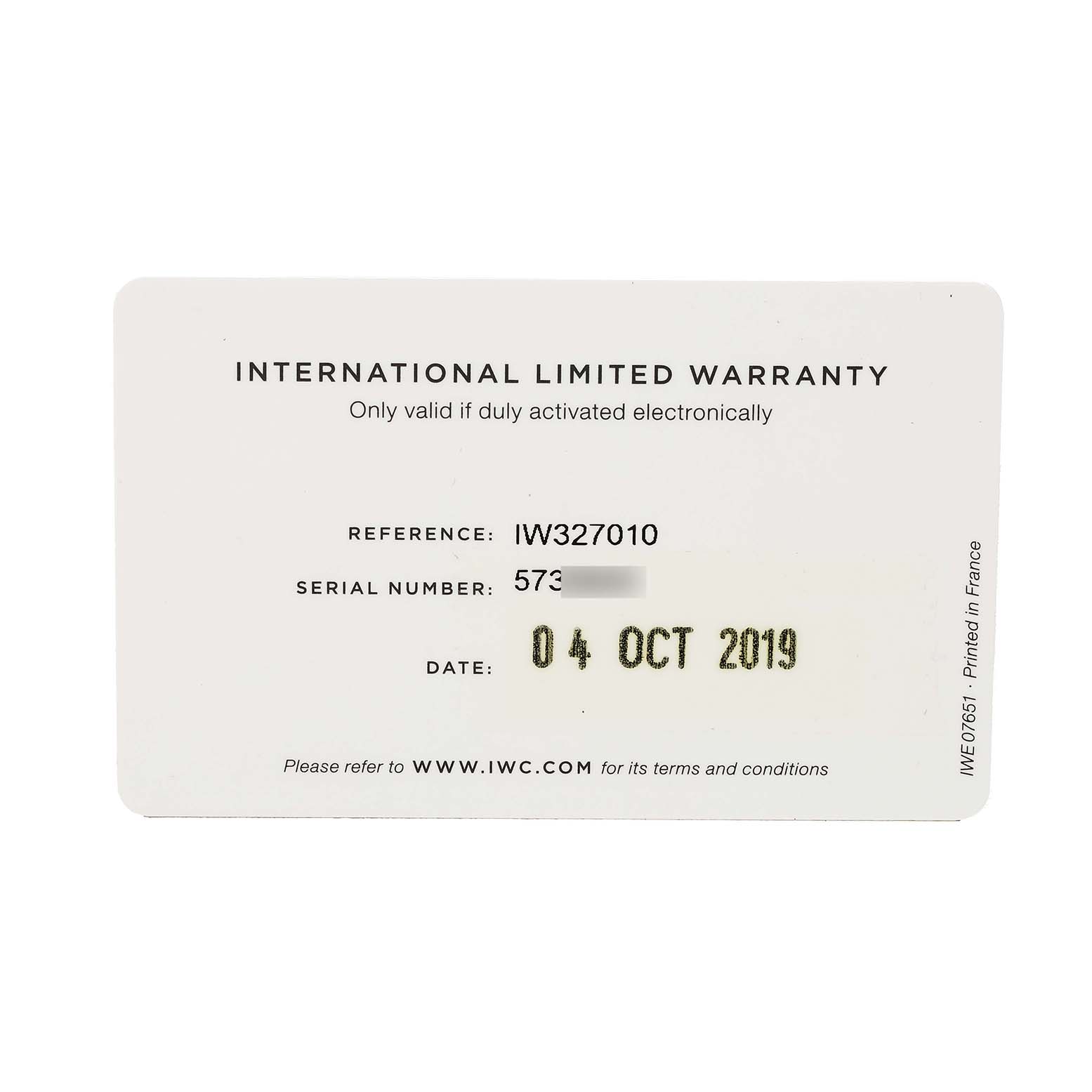 The image shows an International Limited Warranty card for the IWC Pilot IW327010 Men's Stainless Steel Blue Dial model watch.